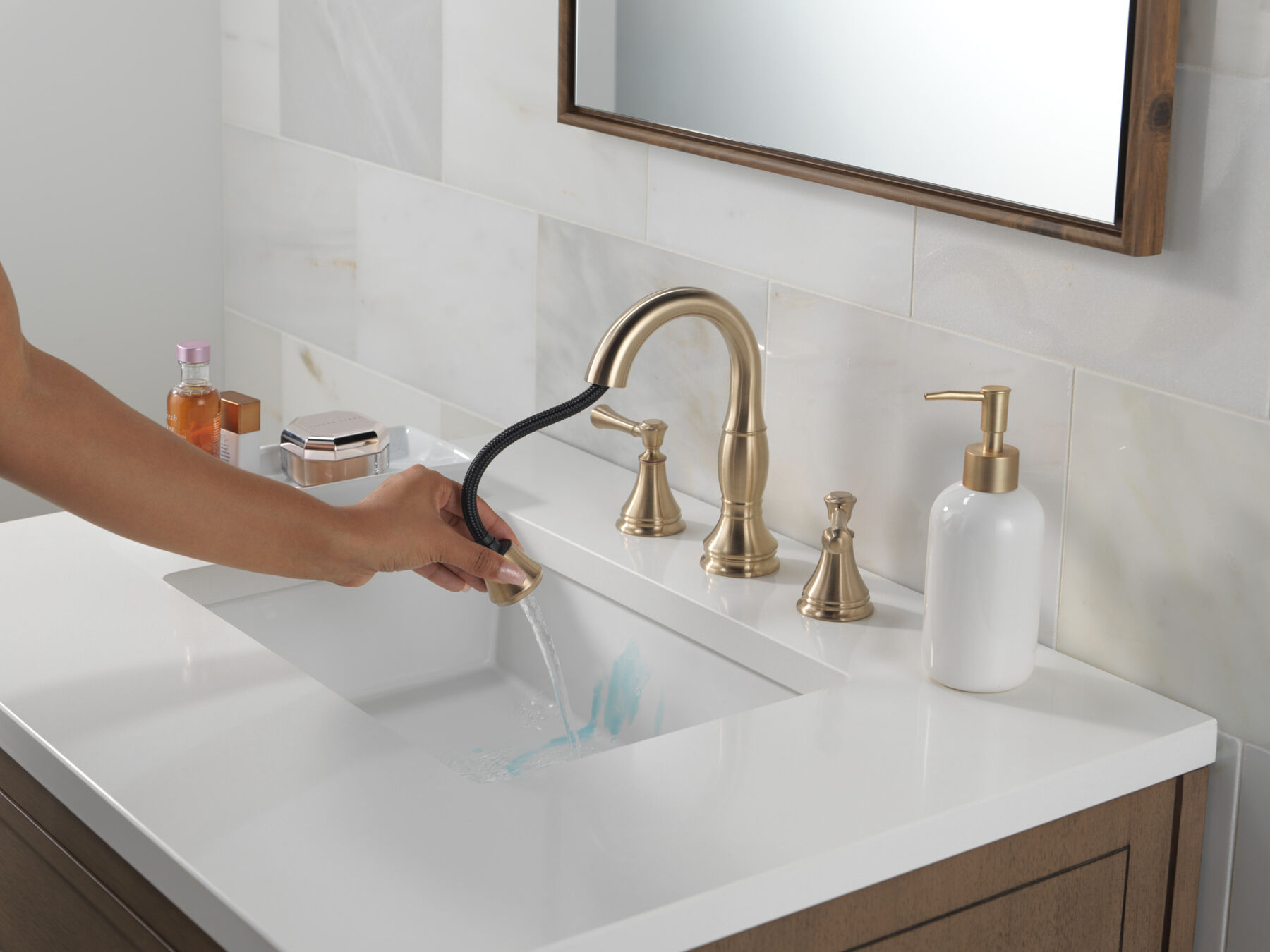 Two Handle Widespread Pull Down Bathroom Faucet in Champagne  