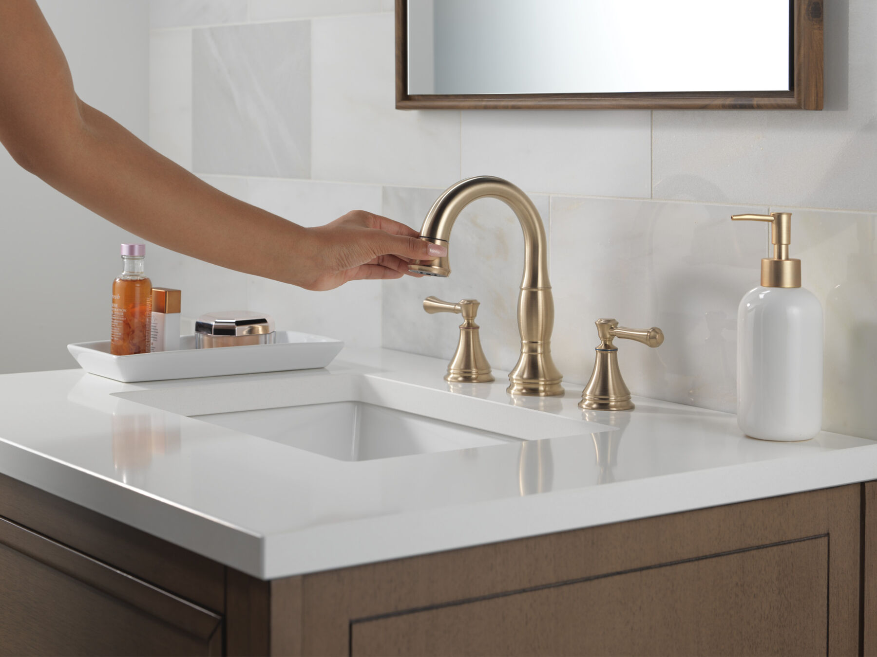 Two Handle Widespread Pull Down Bathroom Faucet in Champagne  