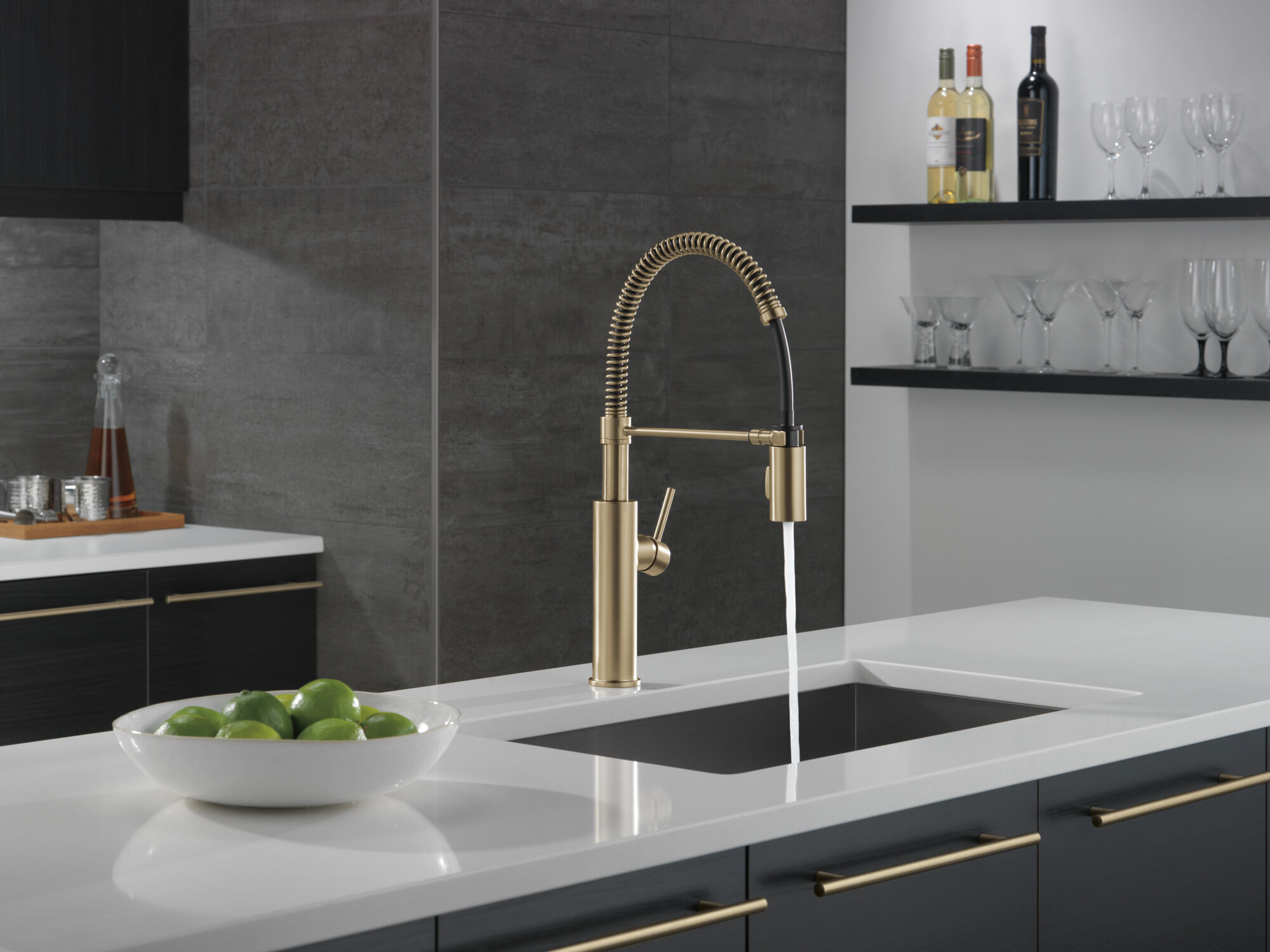Single-Handle Pull-Down Spring Kitchen Faucet in Champagne Bronze