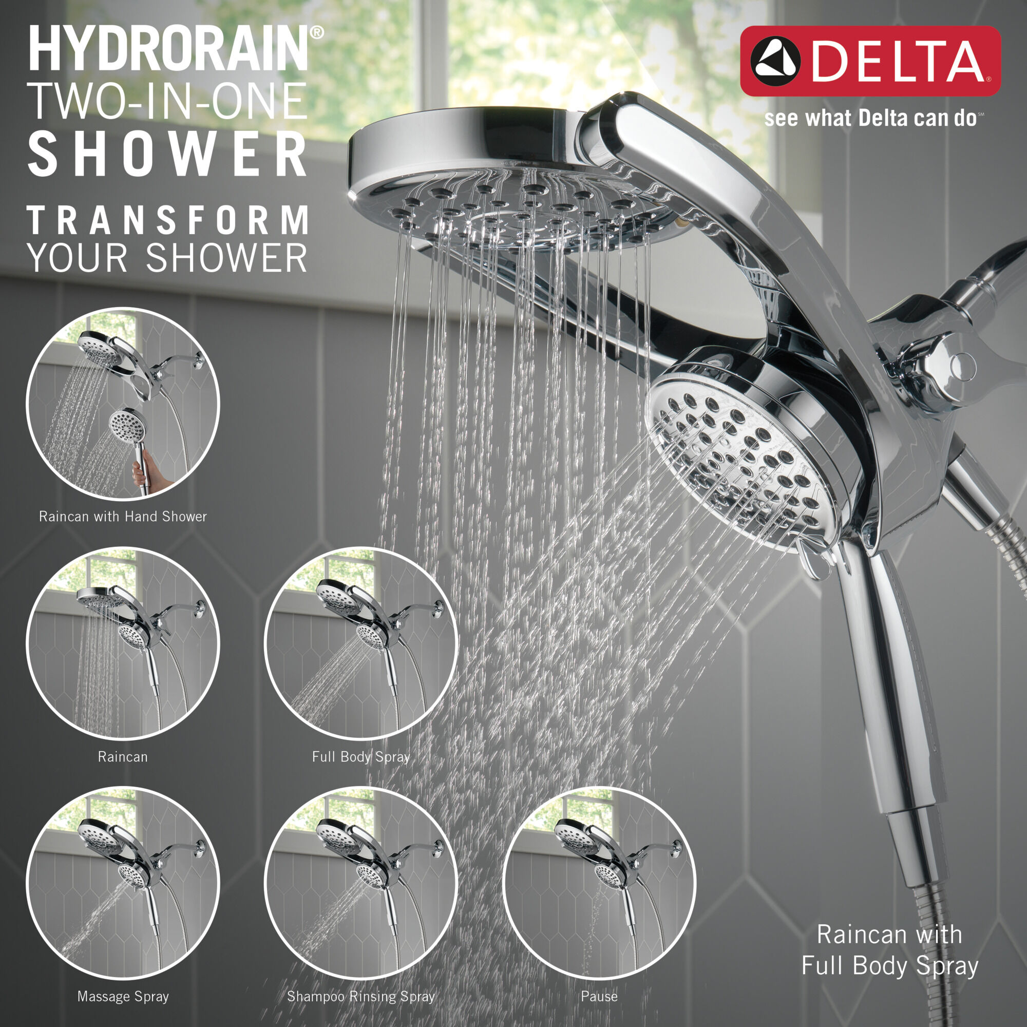 HydroRain® 4-Setting Two-in-One Shower Head (Recertified) in