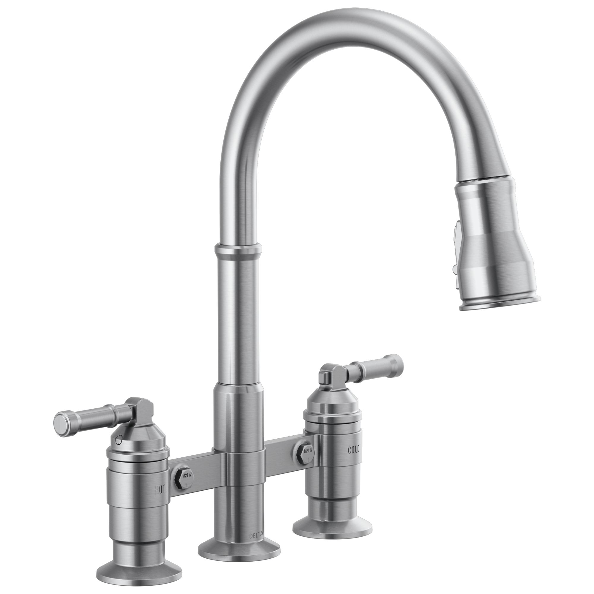 BroderickE Two Handle Pull-Down Bridge Kitchen Faucet - Arctic Stainless