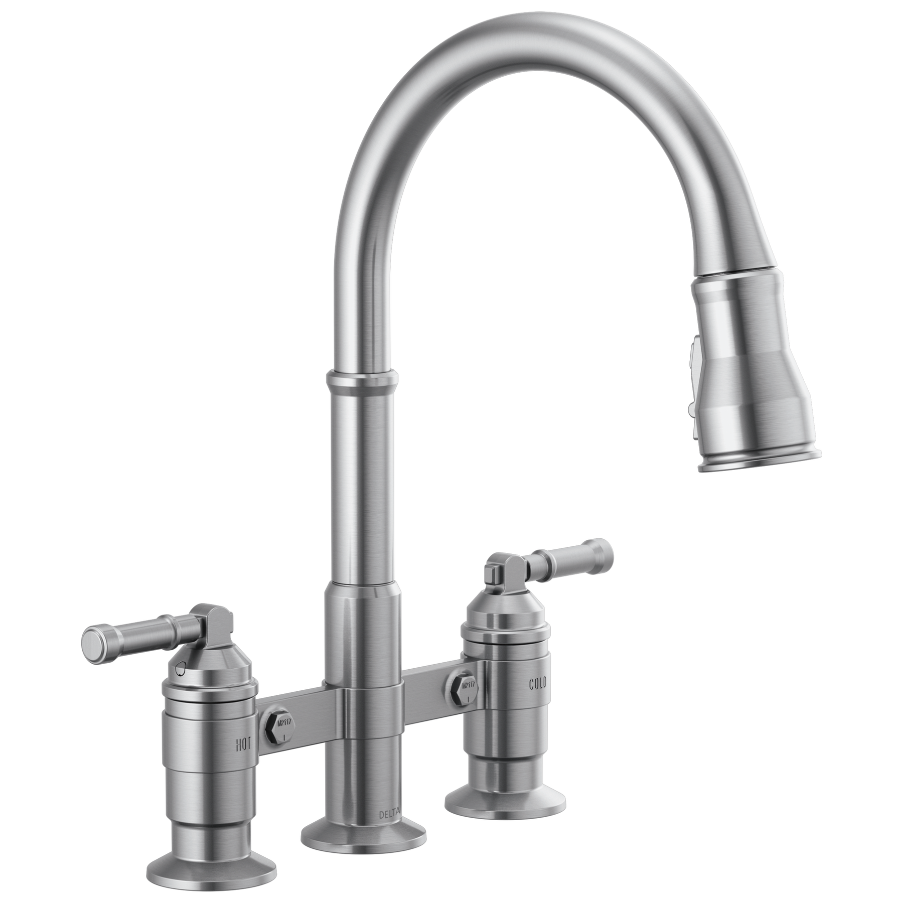 Two Handle Pull-Down Bridge Kitchen Faucet in Arctic Stainless