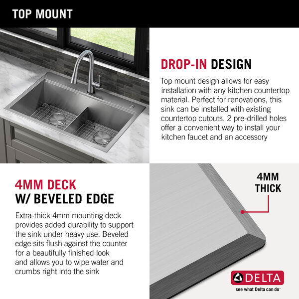 33” Workstation Kitchen Sink Drop-In Top Mount 16 Gauge Stainless Steel  50/50 Double Bowl with WorkFlow™ Ledge and Accessories in Stainless Steel  95A931-33D-SS Delta Faucet
