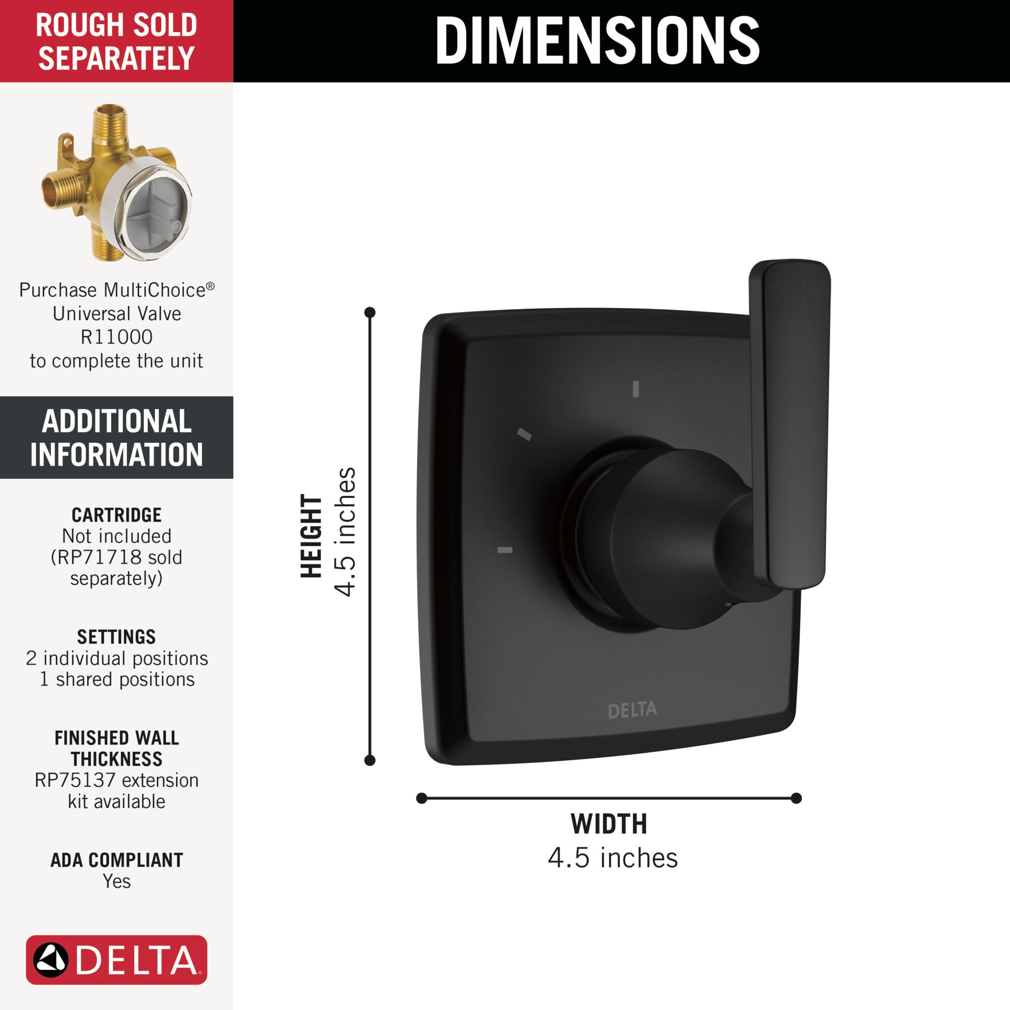 3-Setting 2-Port Diverter Trim in Matte Black T11864-BL | Delta Faucet