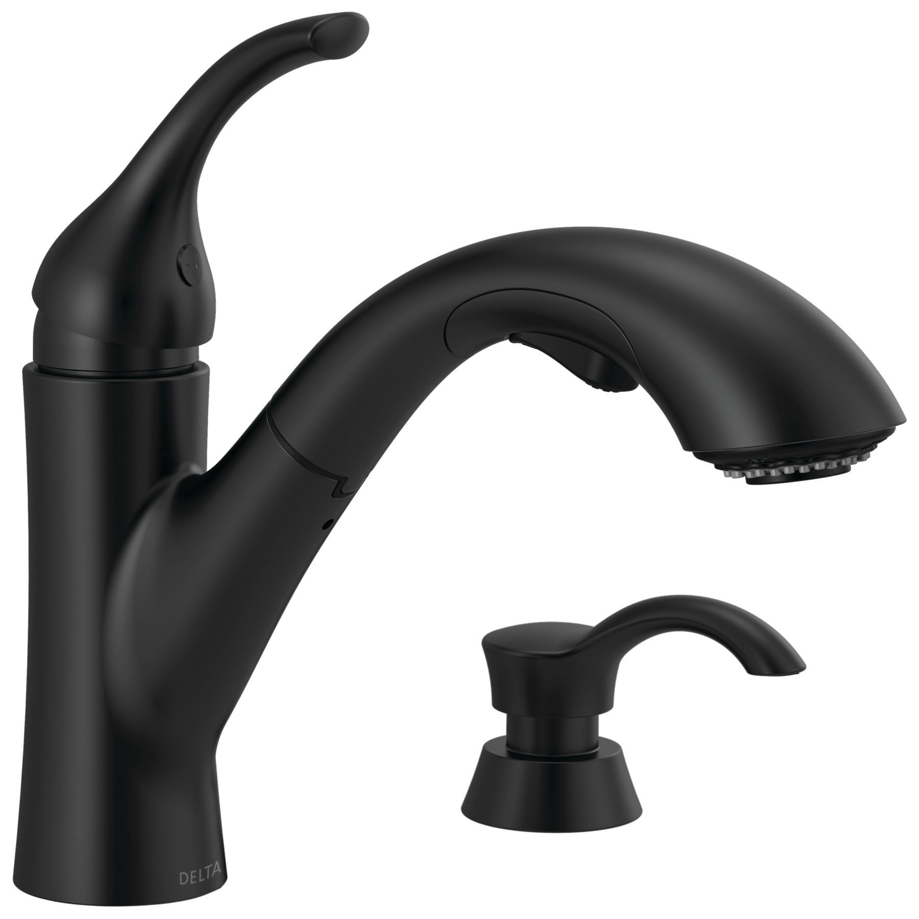 Single Handle PullOut Kitchen Faucet with Soap Dispenser in Matte Black 16932BLSDDST Delta