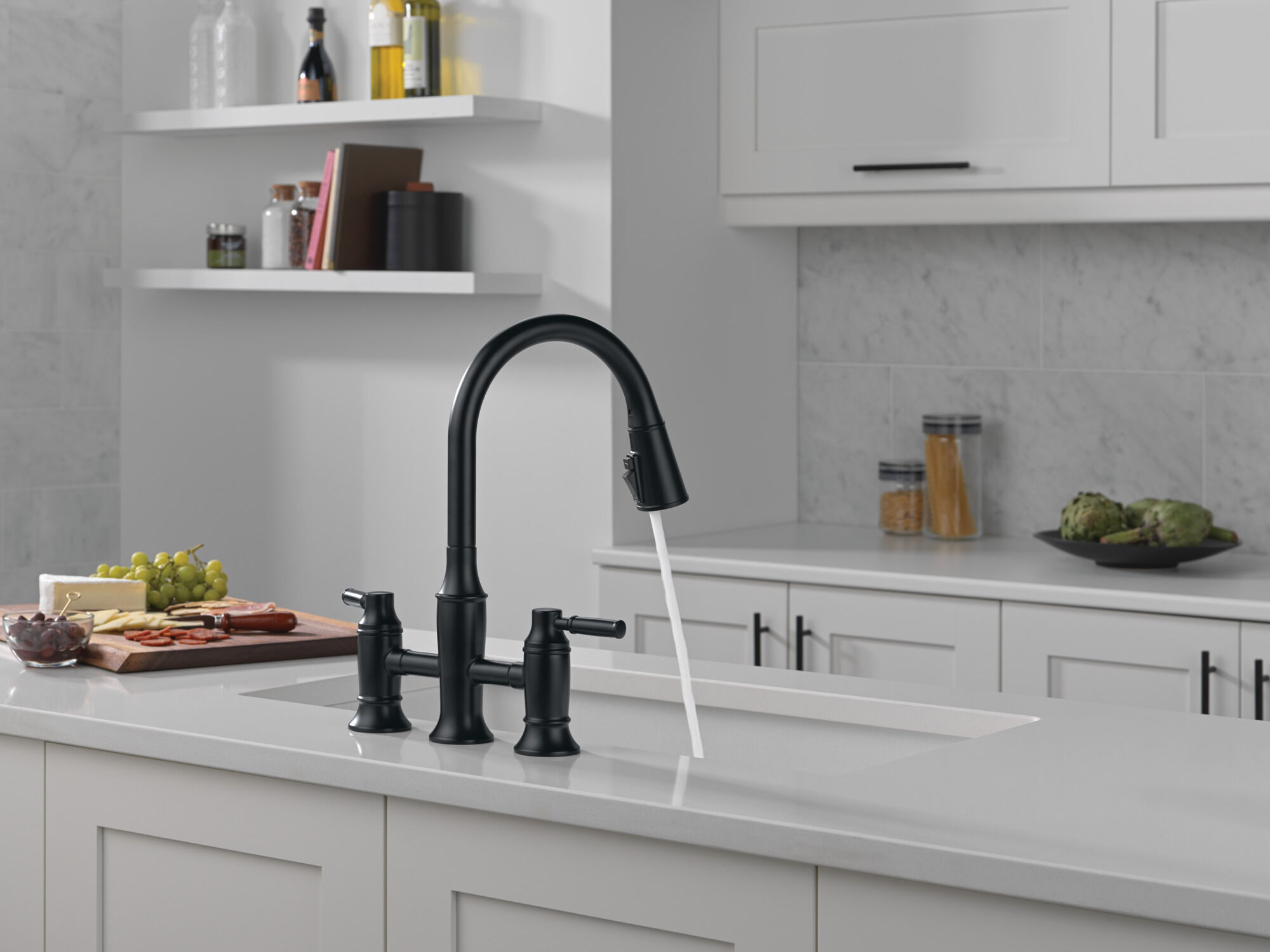 Two Handle Pull-Down Bridge Kitchen Faucet in Matte Black 2384L-BL