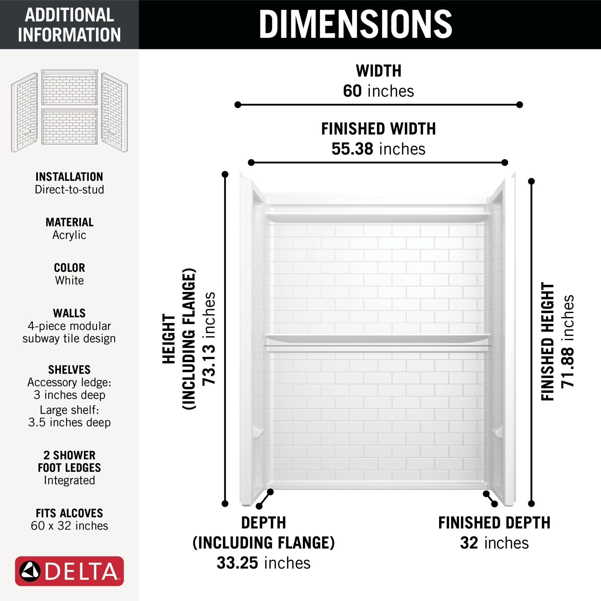 ProCrylic Tile 60 in. x 32 in. Shower Wall in High Gloss White