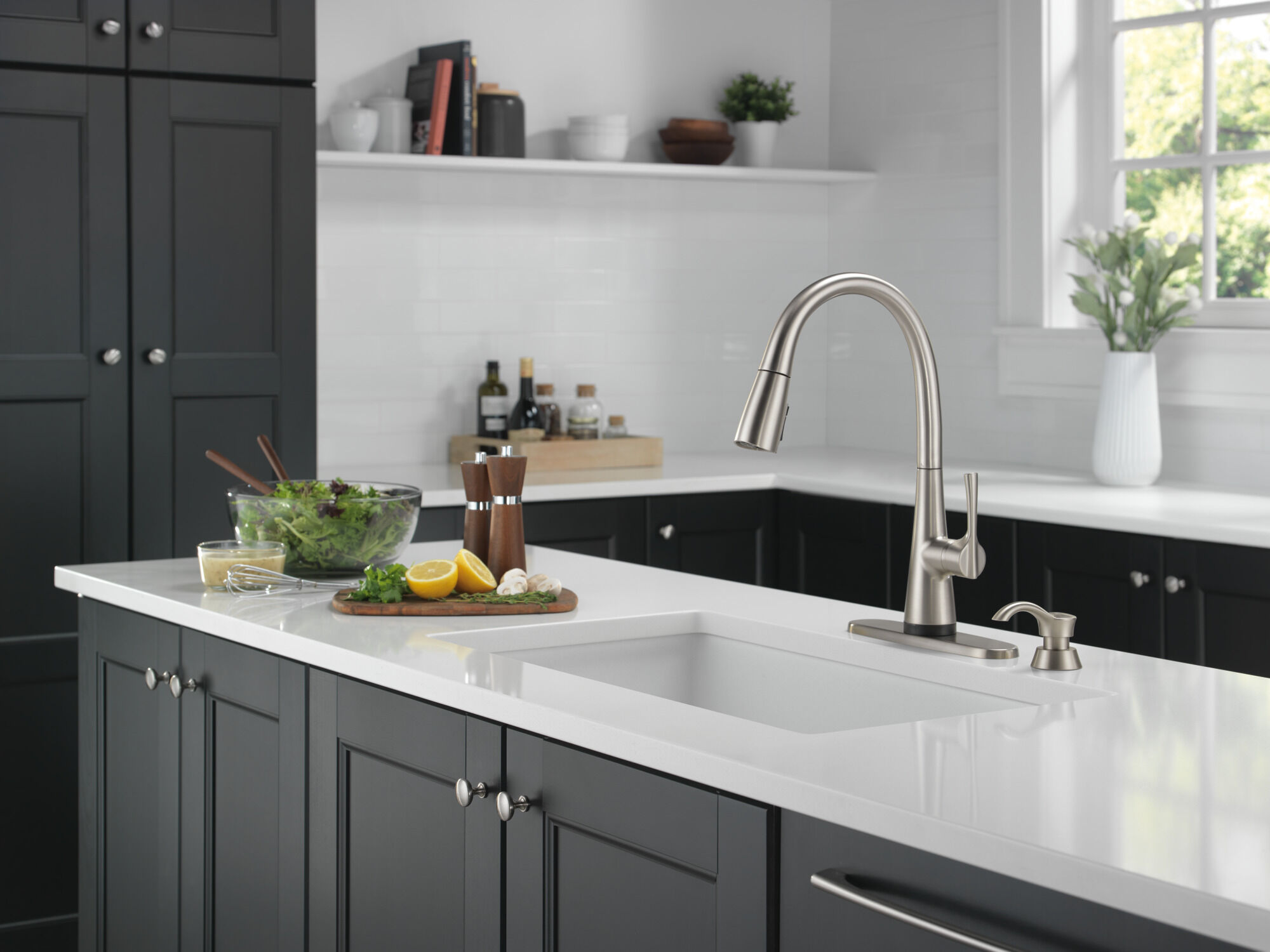 Single Handle Pull-Down Kitchen Faucet with Soap Dispenser and