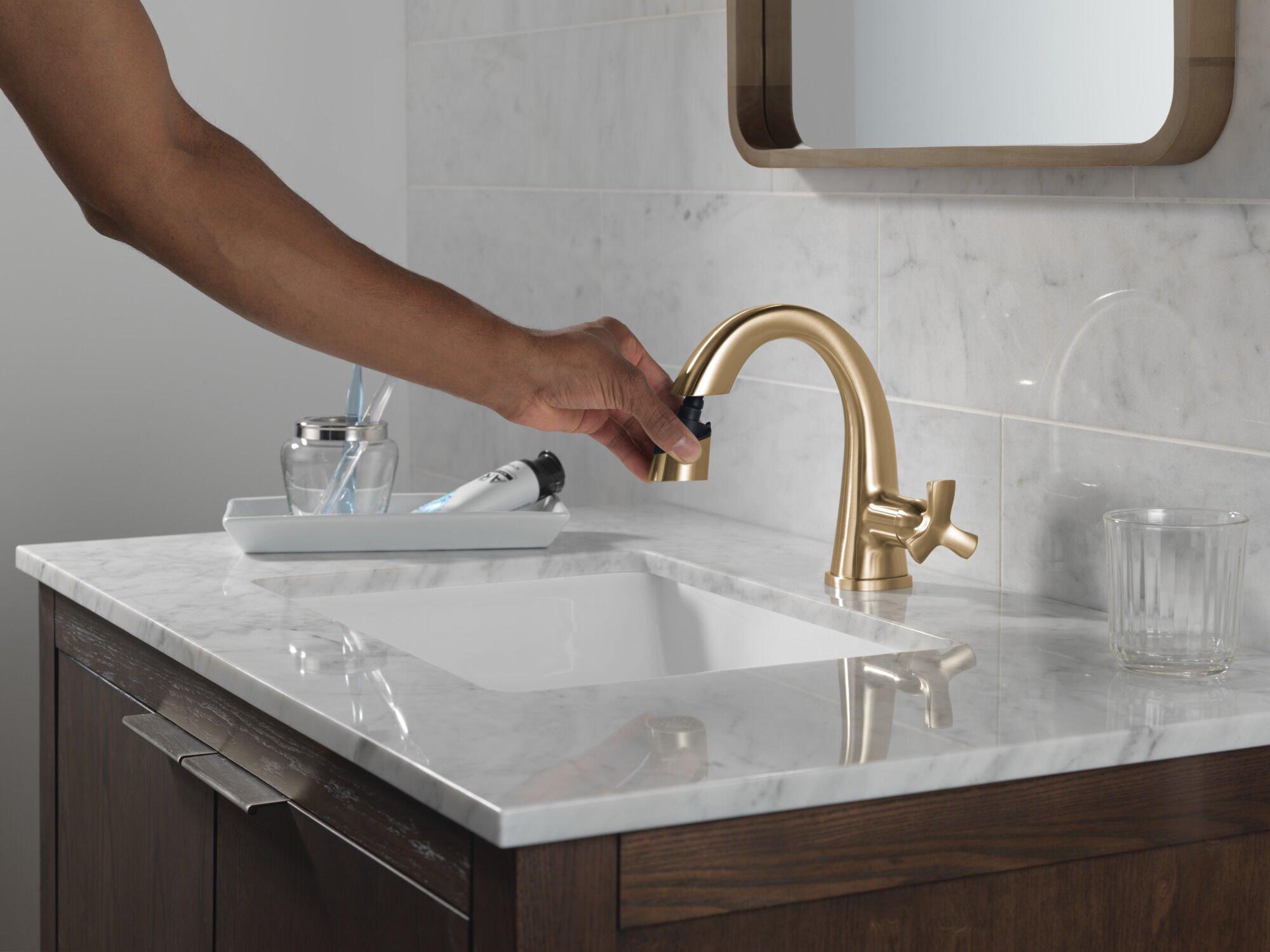 Single Handle Pull Down Bathroom Faucet in Lumicoat® Champagne