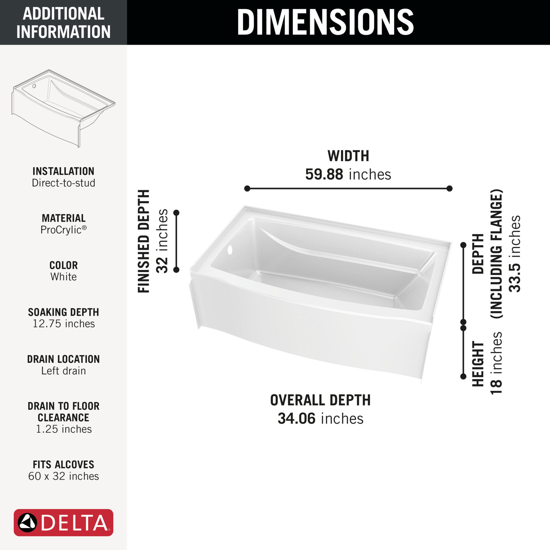 Classic 500 Curve Alcove Bathtub Left Drain 60x32", image 11
