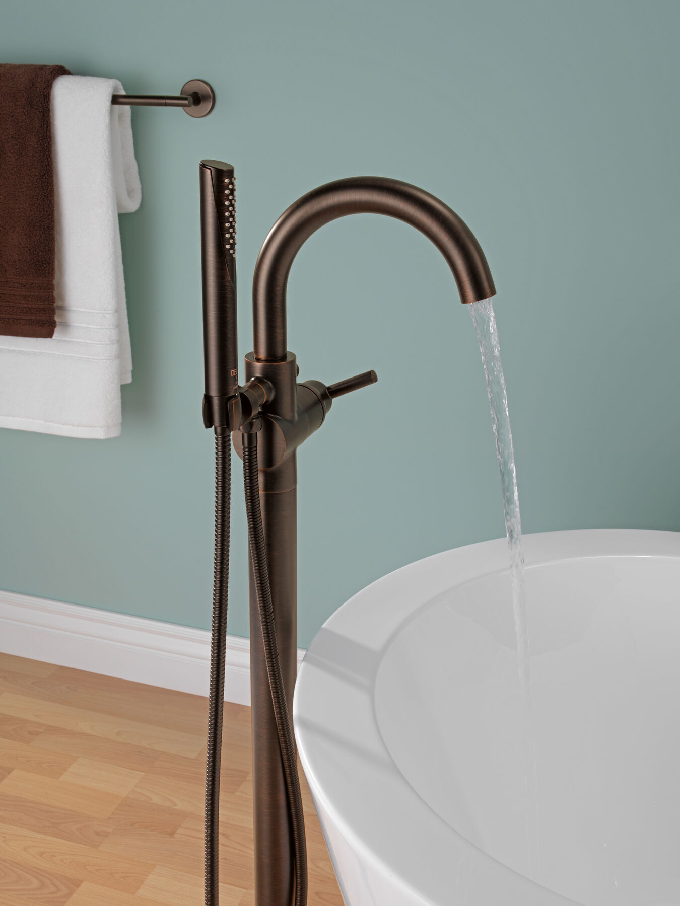 Single Handle Floor Mount Tub Filler Trim with Hand Shower