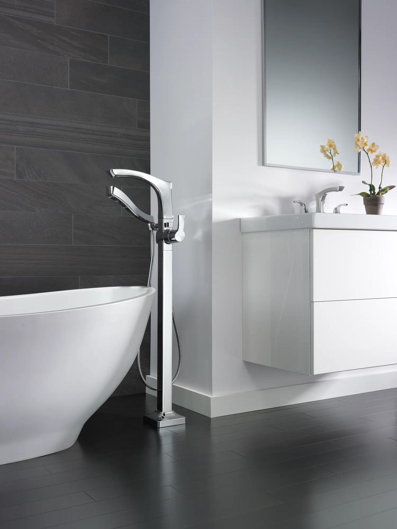 Single Handle Floor Mount Tub Filler Trim with Hand Shower