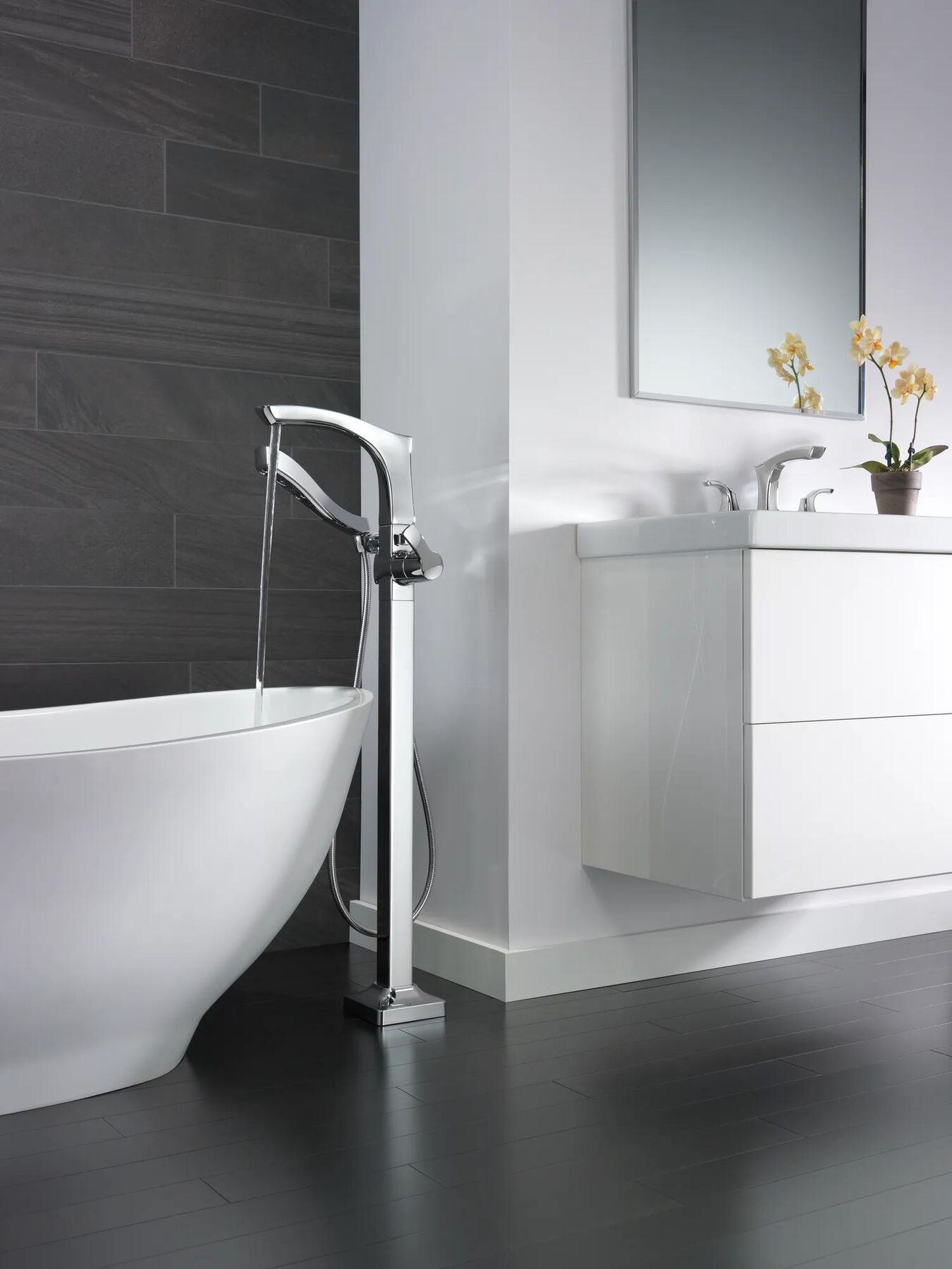 Single Handle Floor Mount Tub Filler Trim with Hand Shower