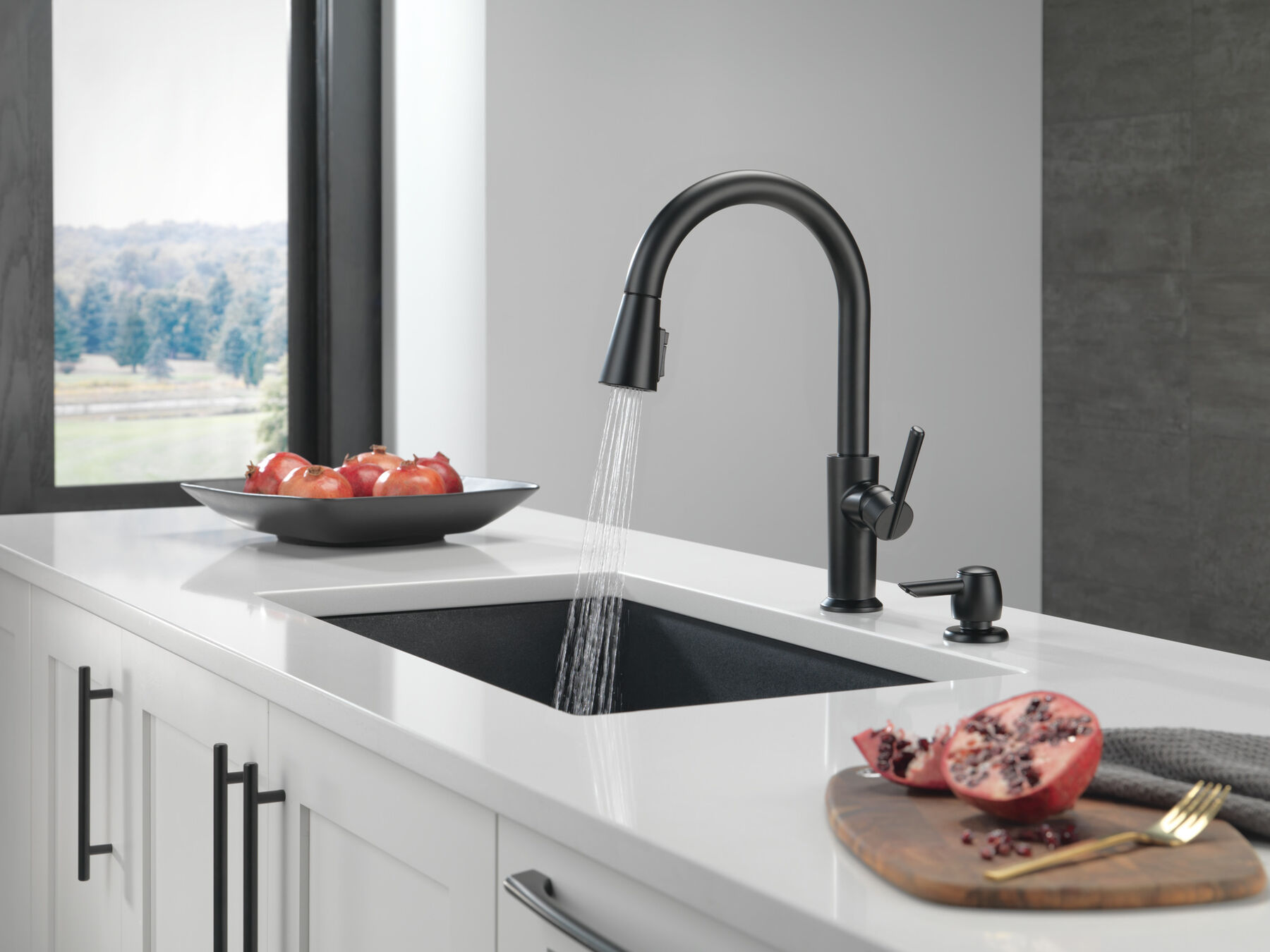 Single Handle Pull-Down Kitchen Faucet with Soap Dispenser and ShieldSpray Technology