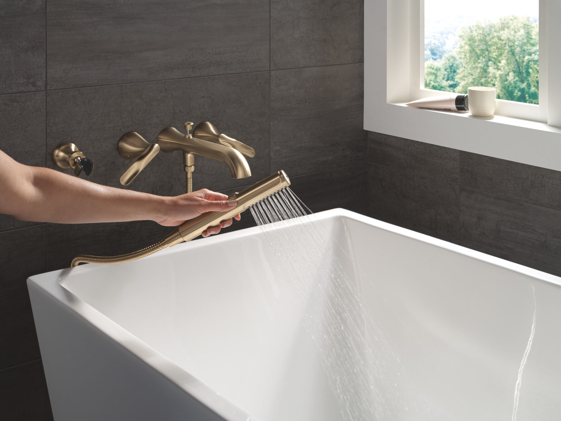Two Handle Wall Mount Tub Filler Trim with Hand Shower