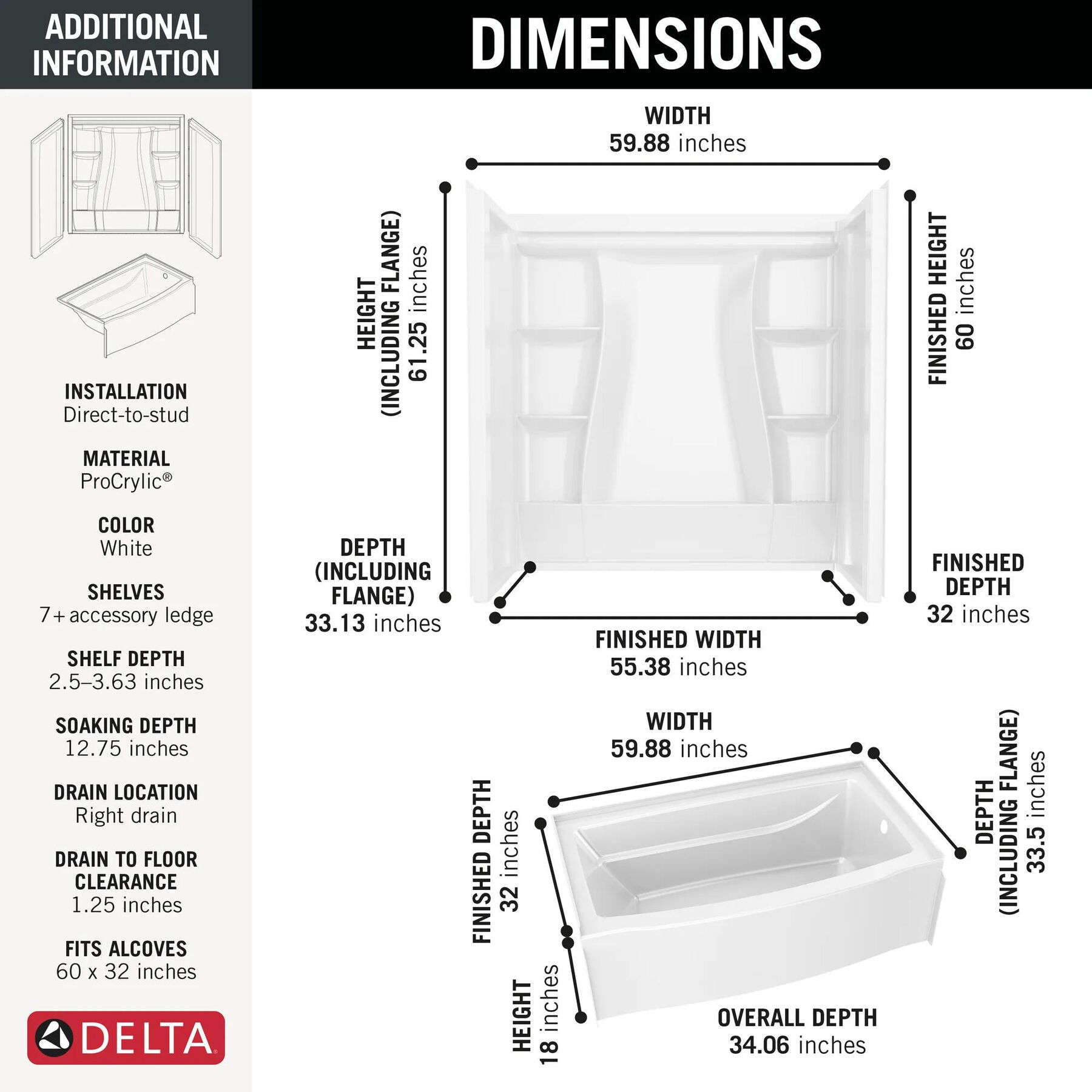 60x32 Alcove Bathtub Bundle without Door - Right Drain