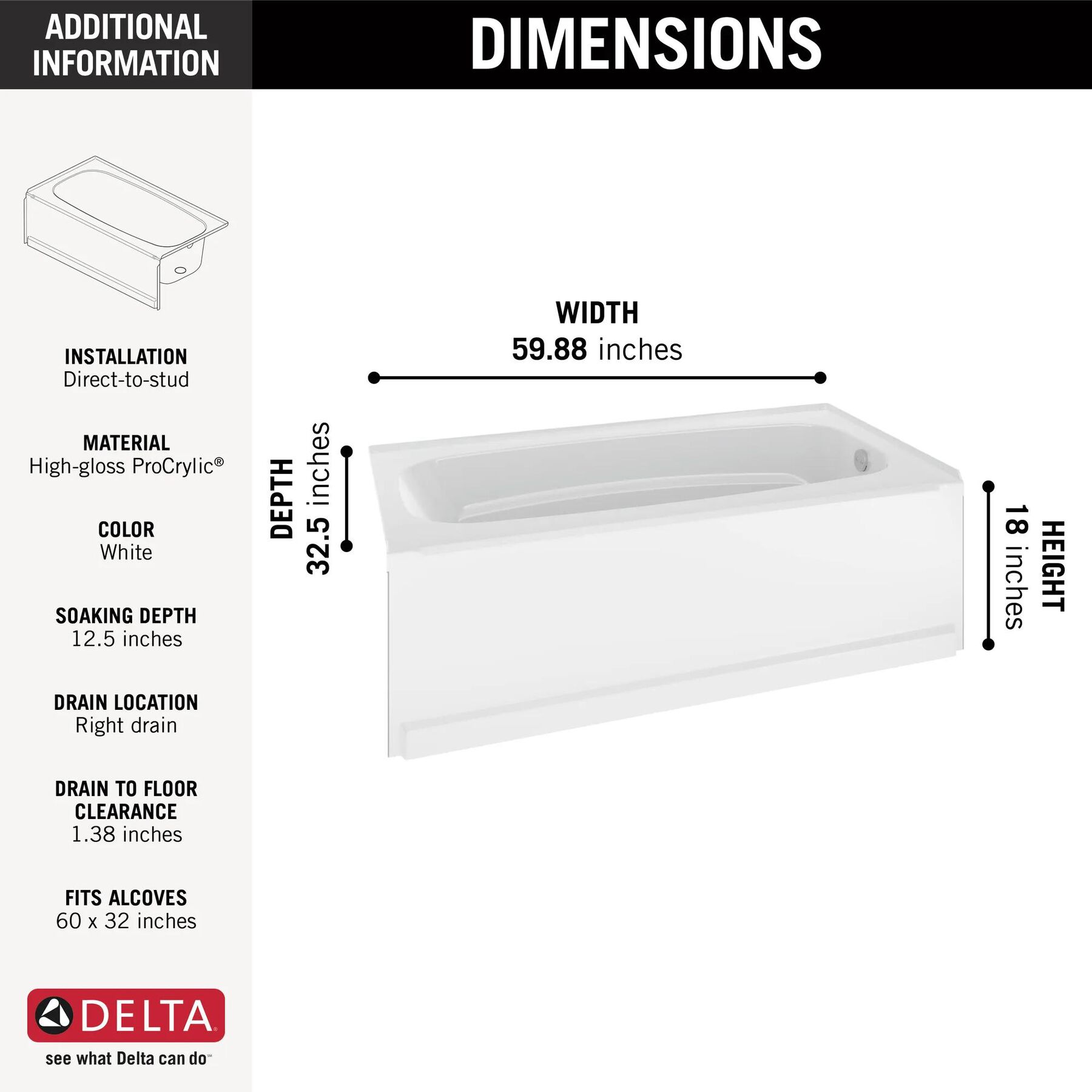 60" x 32" Bathtub - Right Drain