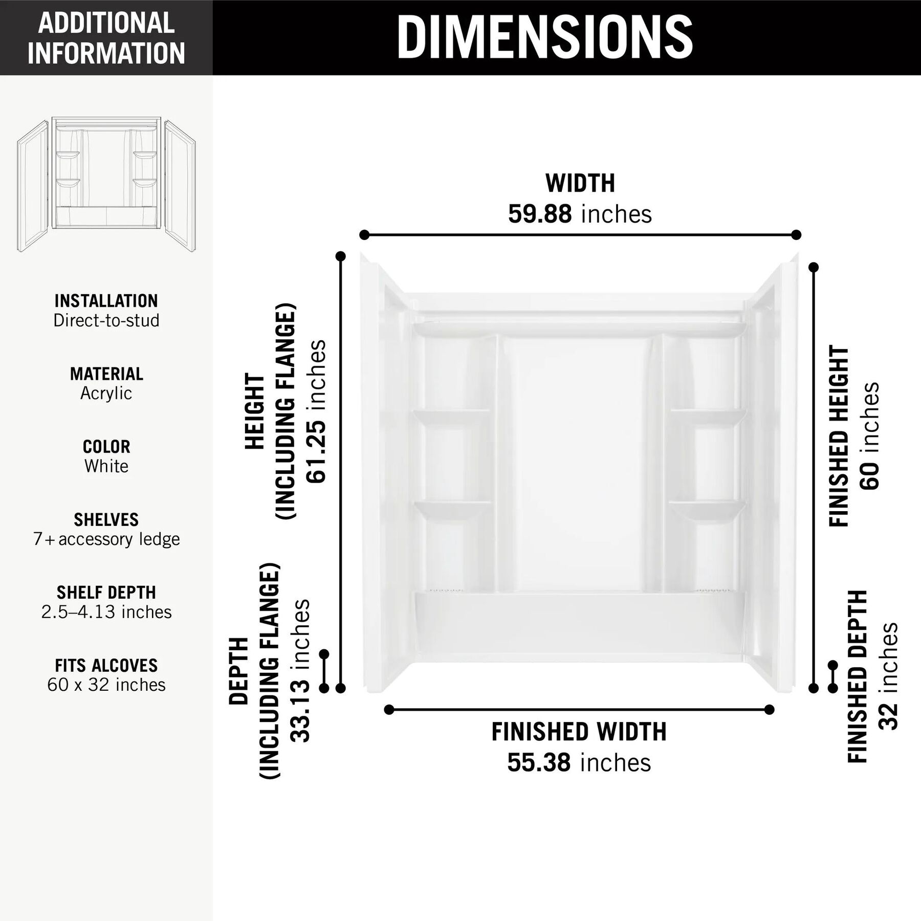 60x32 Alcove Bathtub Bundle with Trim and Waste Assembly - Left Drain