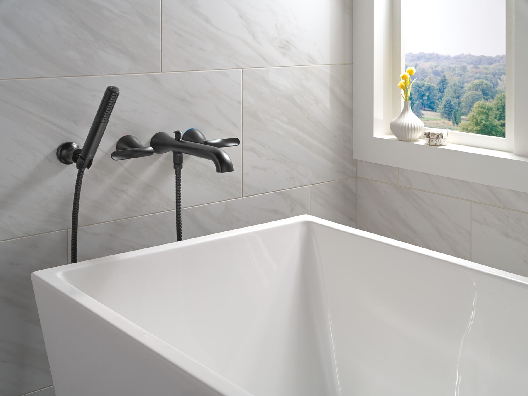 Two Handle Wall Mount Tub Filler Trim with Hand Shower