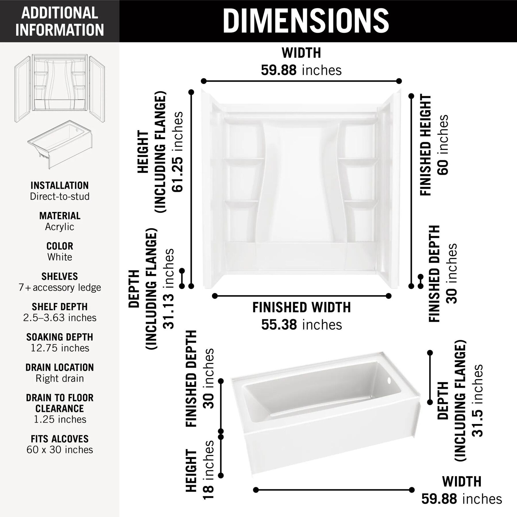 60x30 Alcove Bathtub Bundle - Right