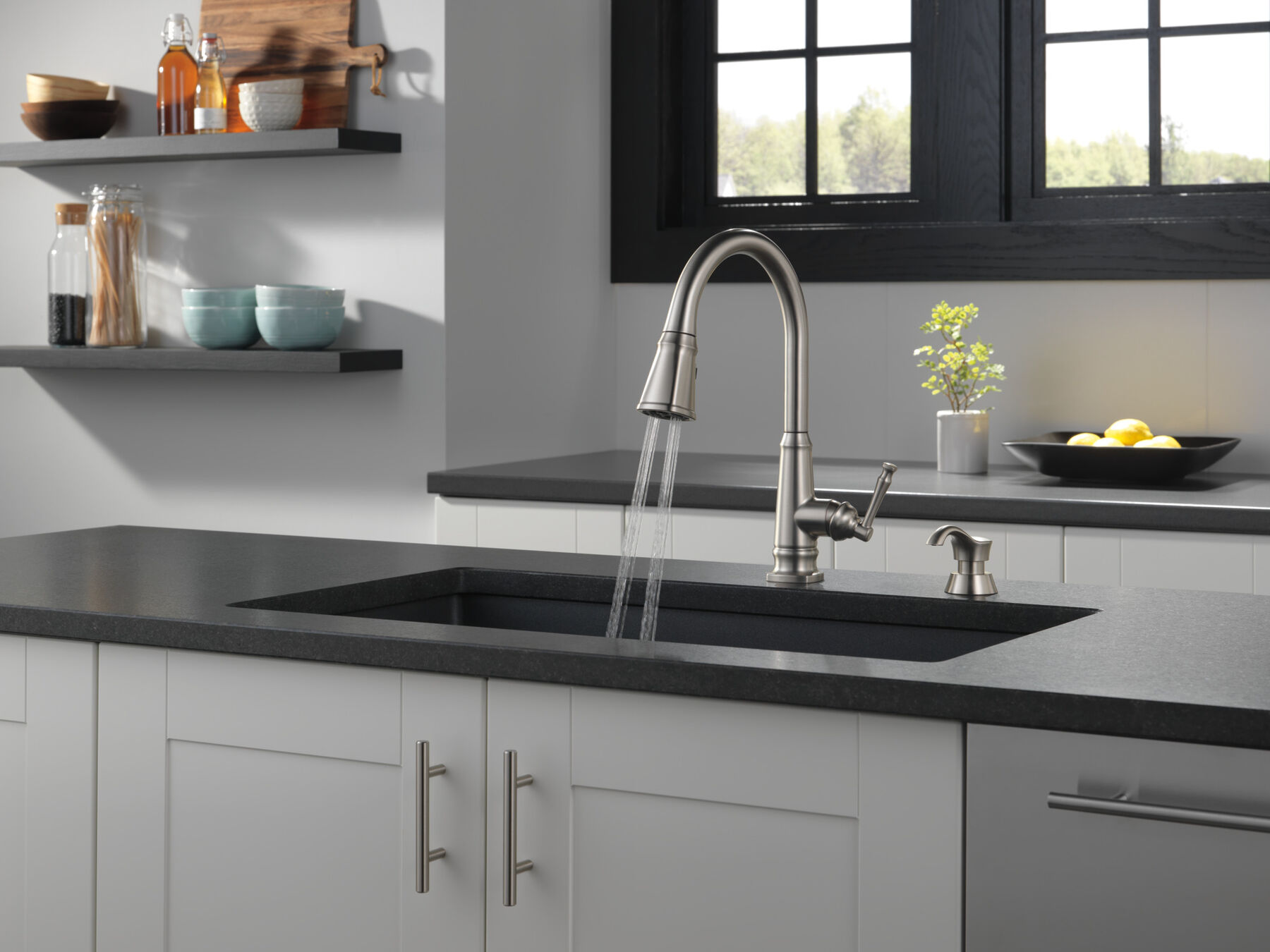 Single Handle Pull-Down Kitchen Faucet with Soap Dispenser and ShieldSpray Technology