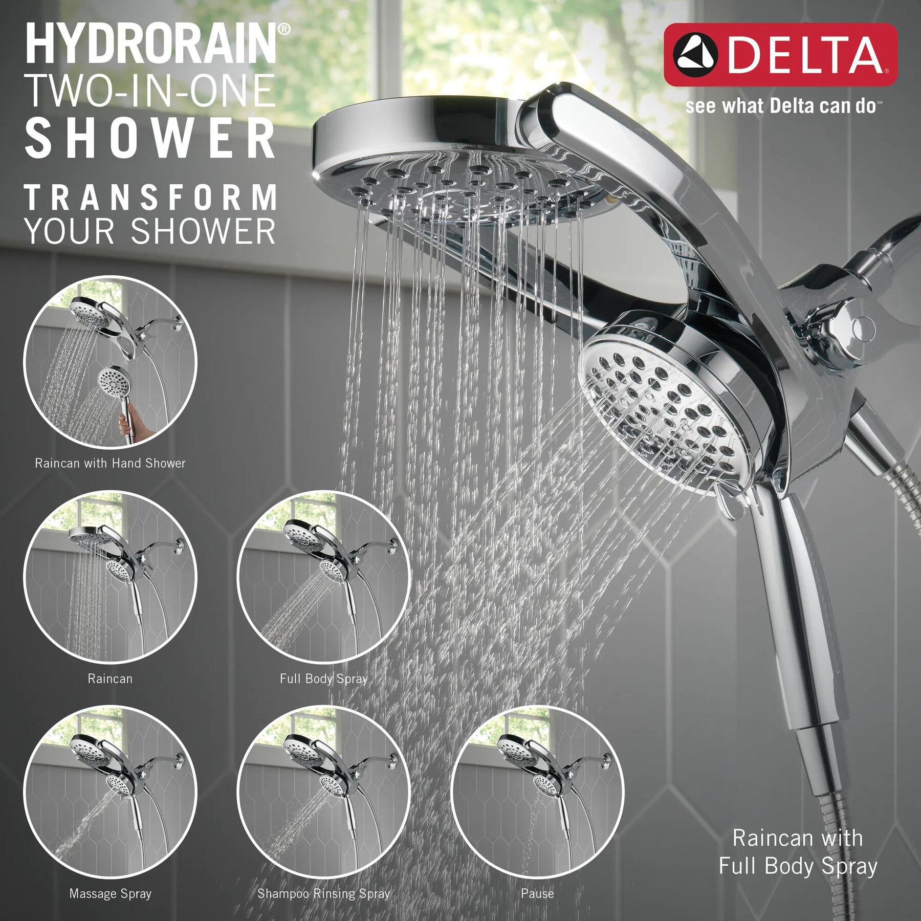 HydroRain&reg; 4-Setting Two-in-One Shower Head (Recertified)