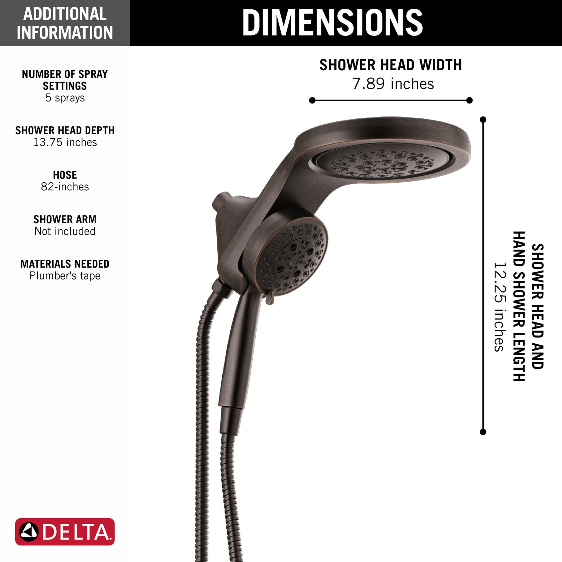 HydroRain&reg; H2Okinetic&reg; 5-Setting Two-in-One Shower Head (Recertified)