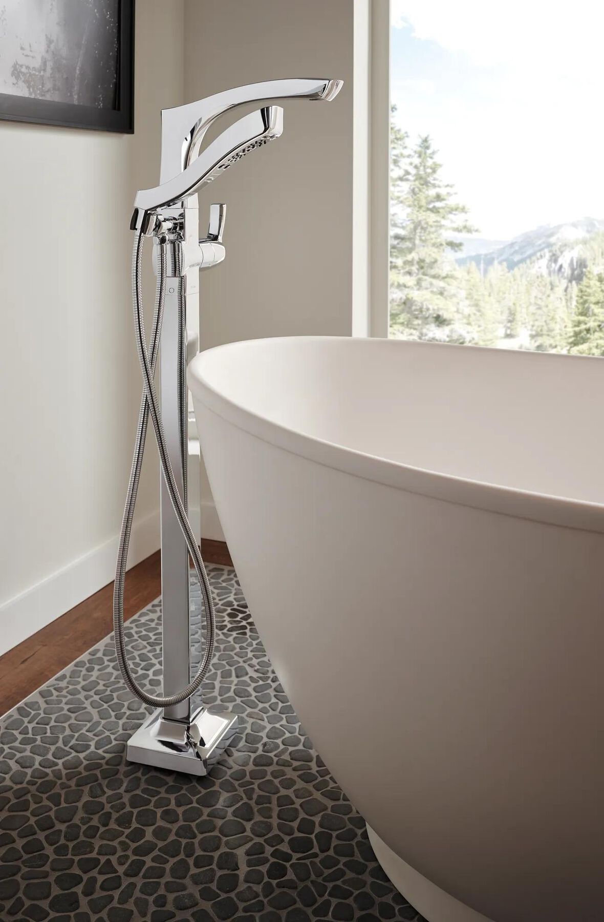 Single Handle Floor Mount Tub Filler Trim with Hand Shower