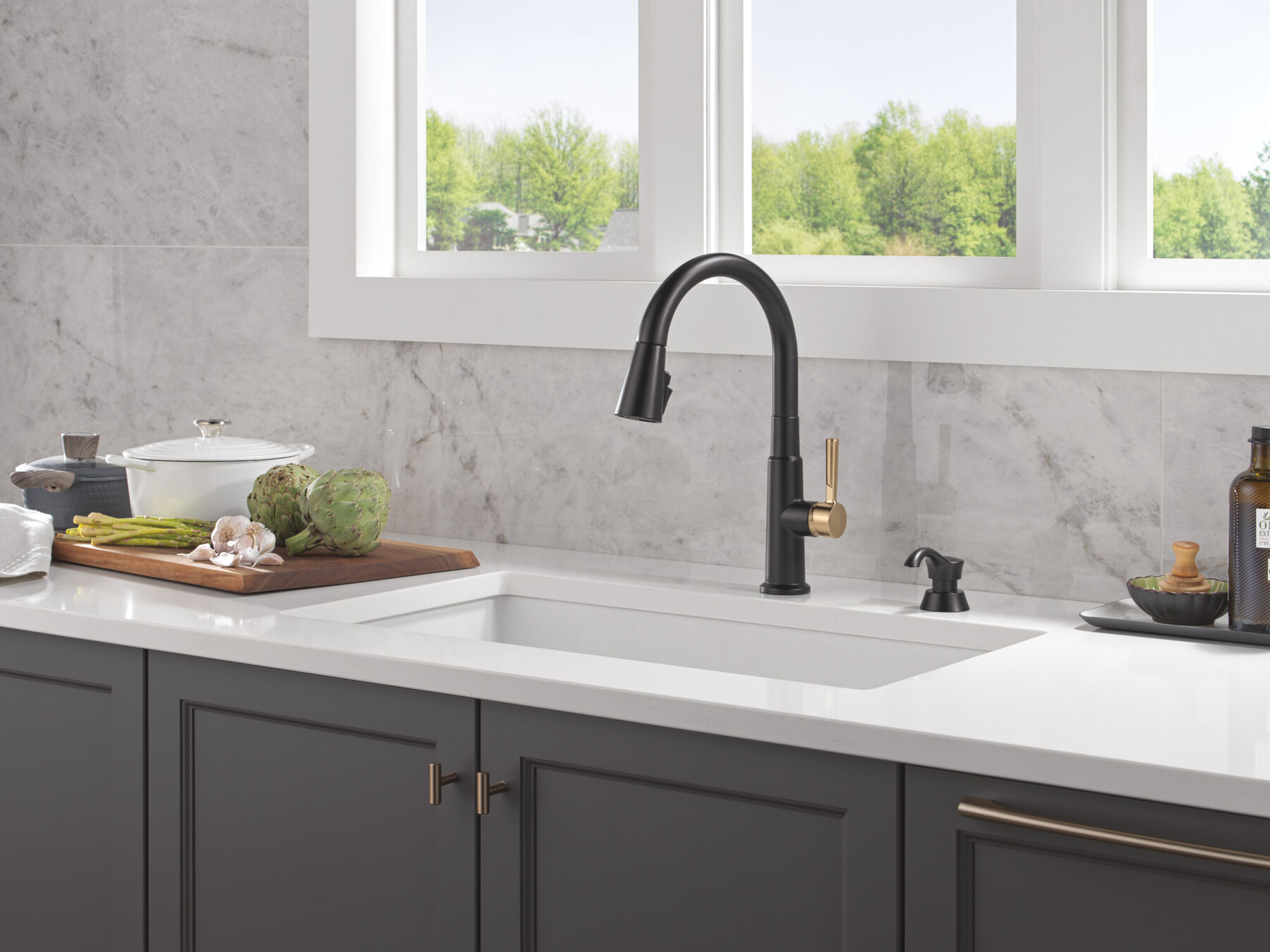 Single Handle Pull-Down Kitchen Faucet with Soap Dispenser and ShieldSpray&reg; Technology