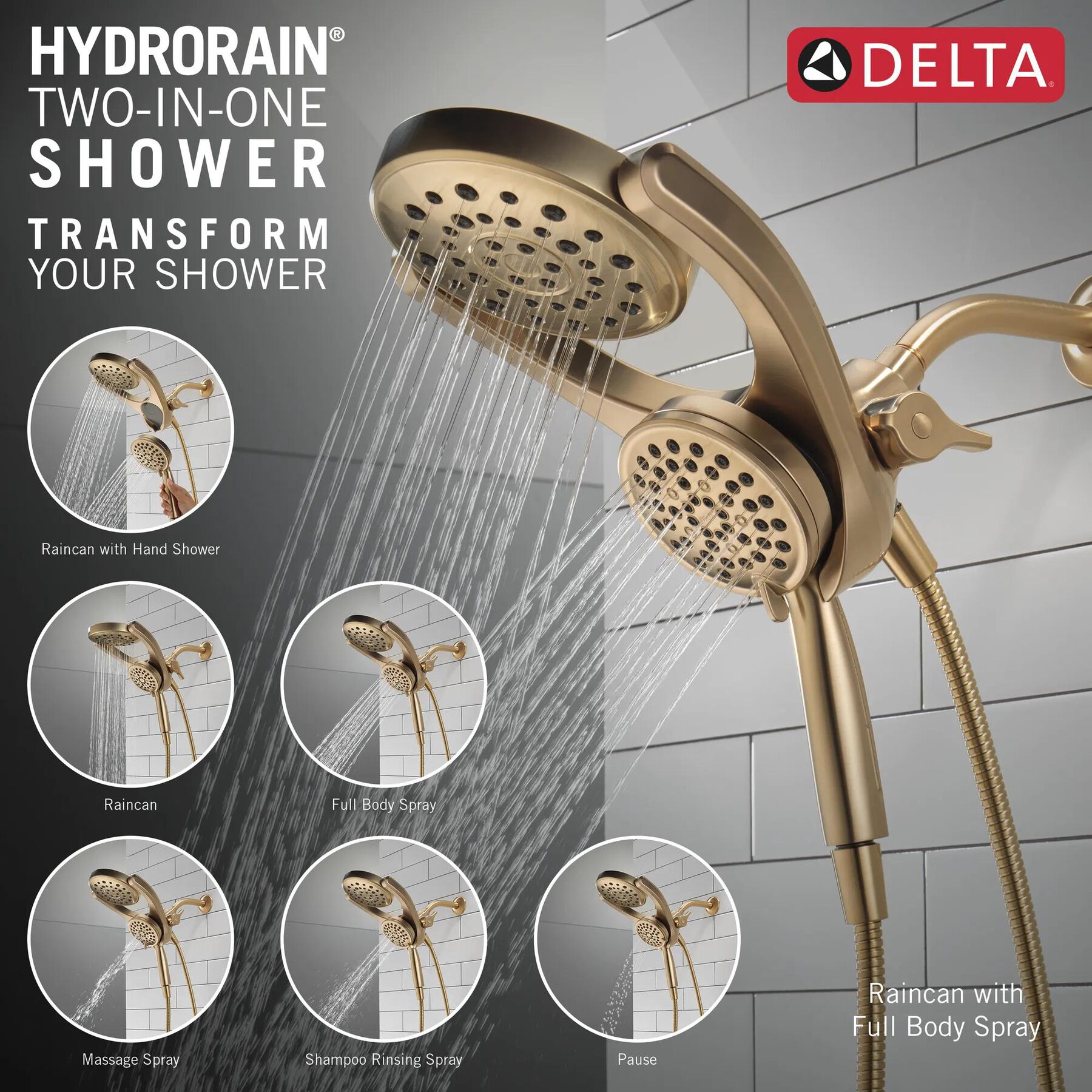 HydroRain&reg; 4-Setting Two-in-One Shower Head