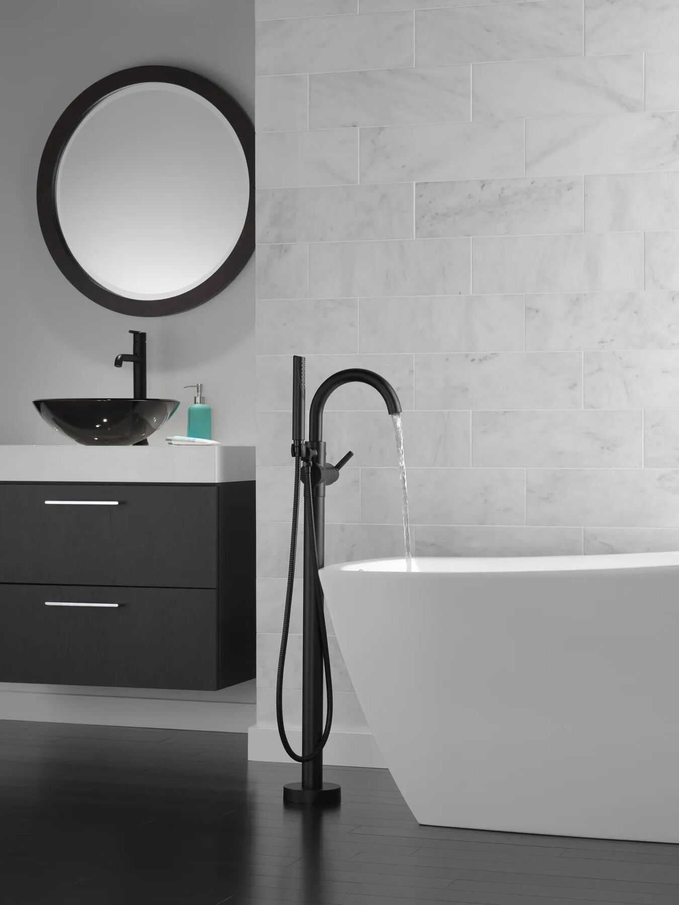 Single Handle Floor Mount Tub Filler Trim with Hand Shower