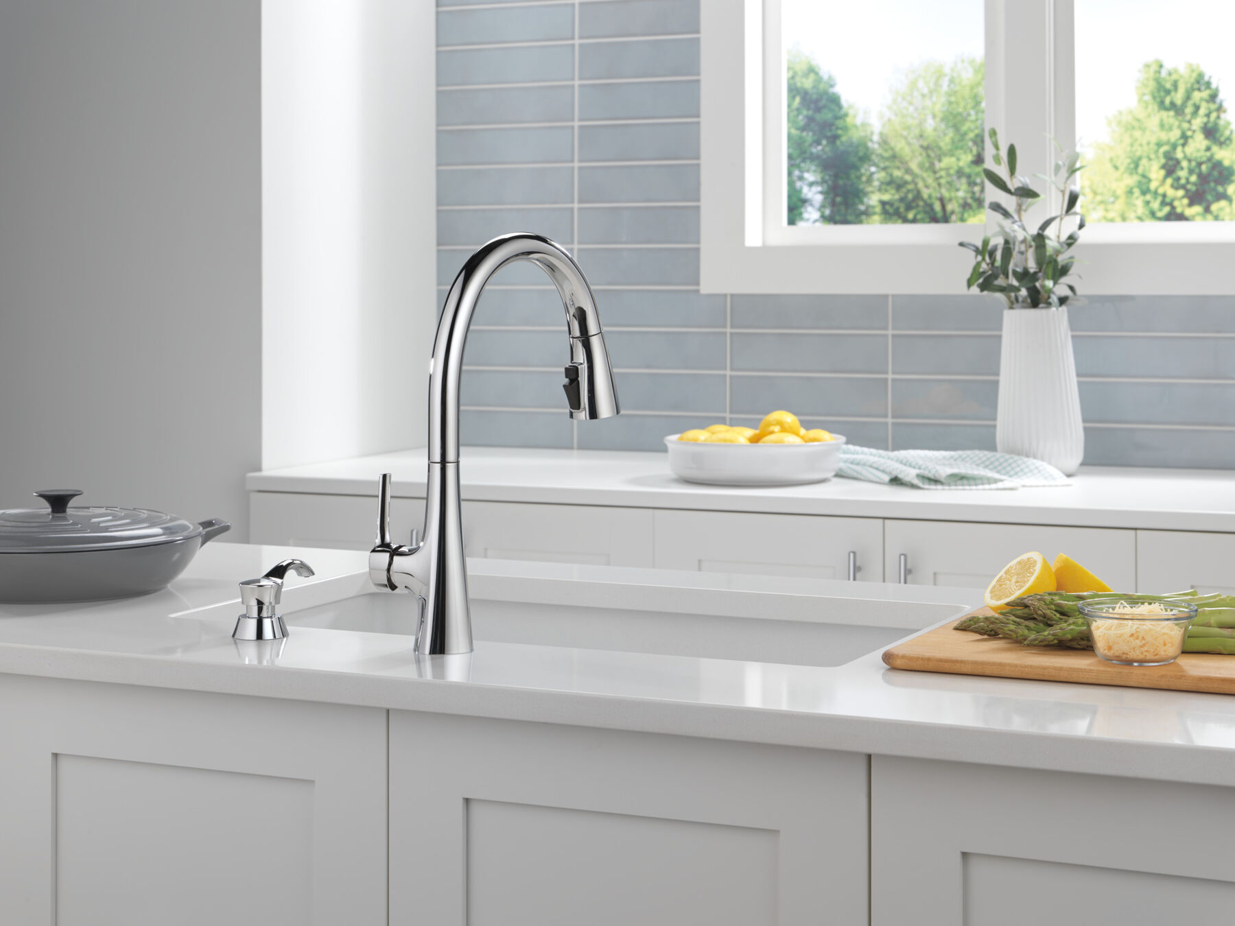 Single Handle Pull-Down Kitchen Faucet with Soap Dispenser and ShieldSpray Technology