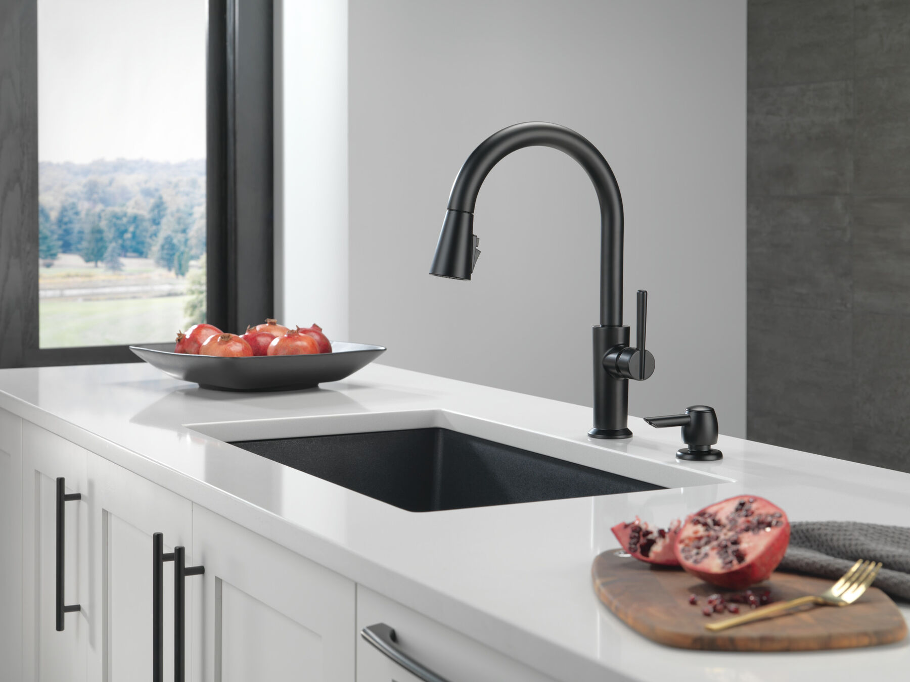 Single Handle Pull-Down Kitchen Faucet with Soap Dispenser and ShieldSpray Technology