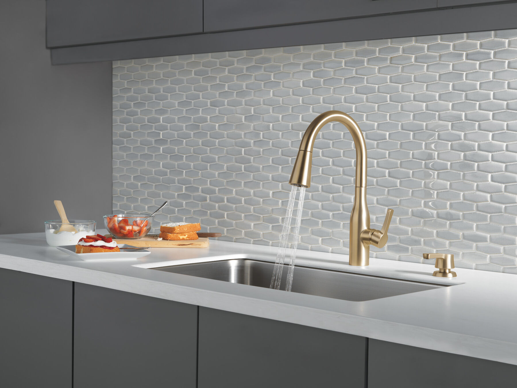 Single Handle Pull-Down Kitchen Faucet with Soap Dispenser and ShieldSpray&reg; Technology