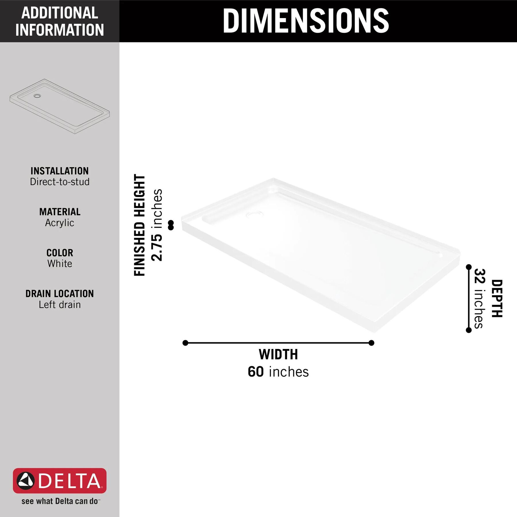 60&rdquo;x32&rdquo; Left Drain Corner Shower Base