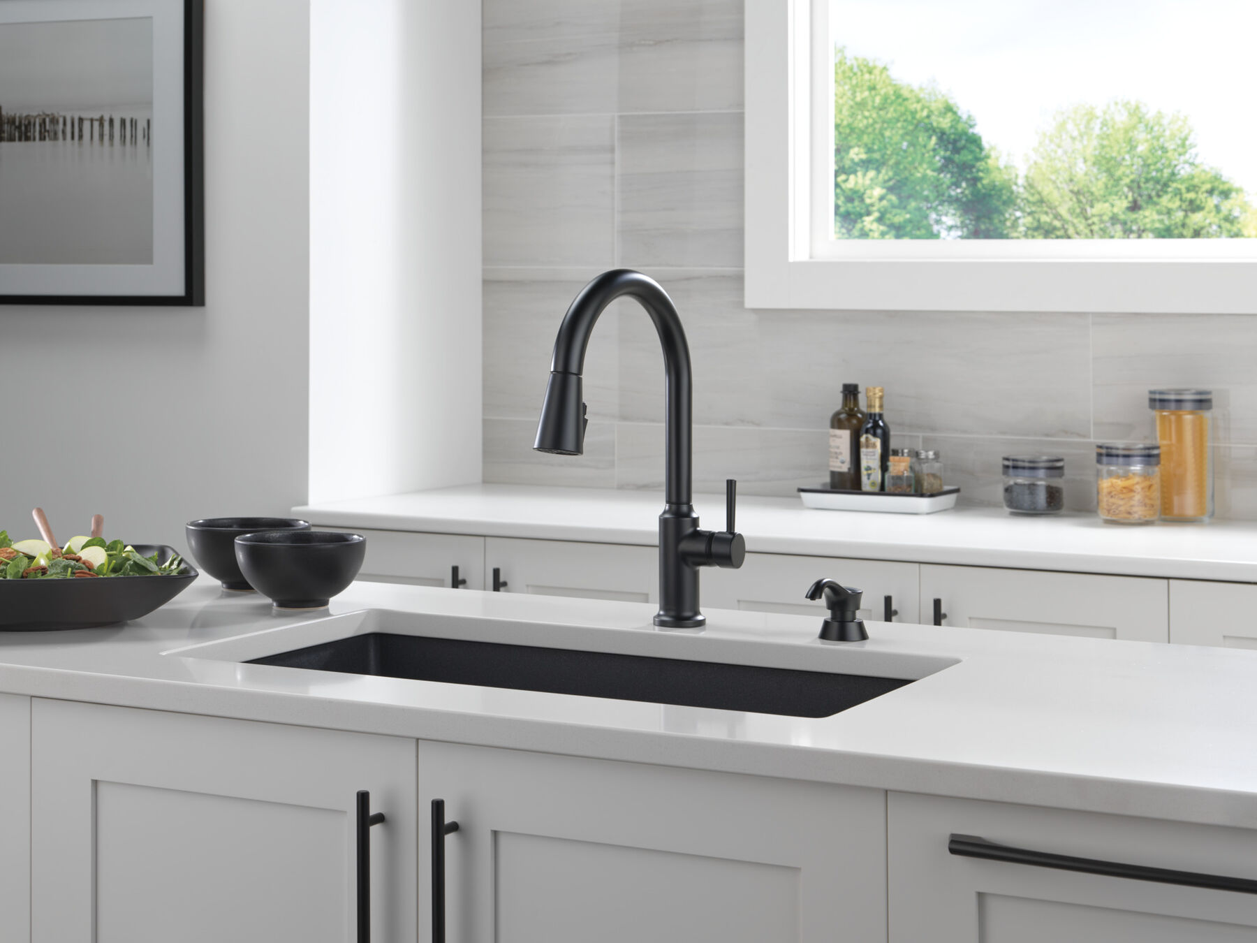 Single Handle Pull-Down Kitchen Faucet with Soap Dispenser and ShieldSpray&reg; Technology