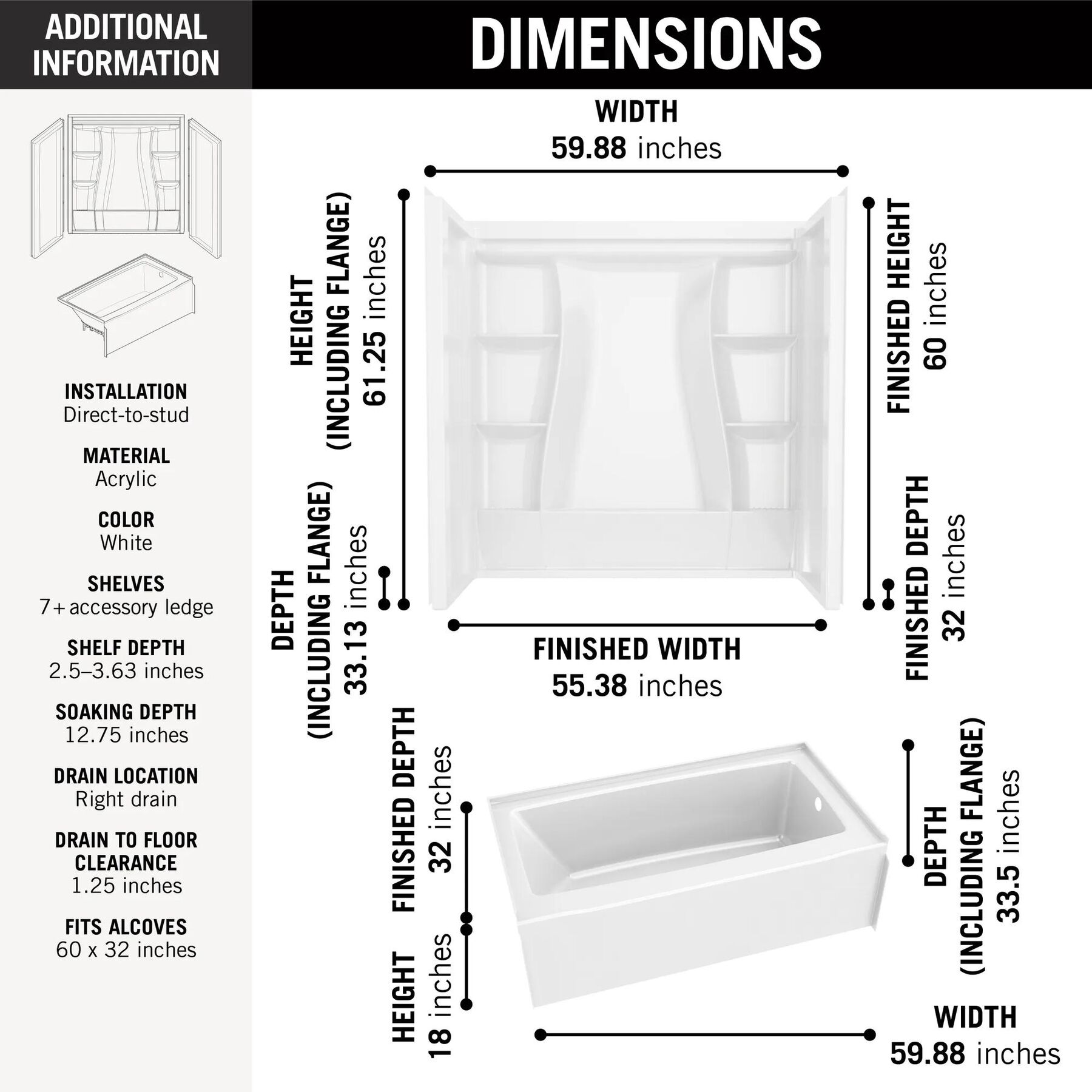 60x32 Alcove Bathtub Bundle - Right