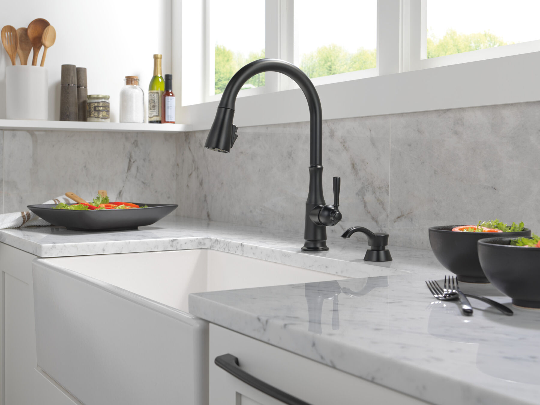Single Handle Pull-Down Kitchen Faucet with Soap Dispenser and ShieldSpray Technology