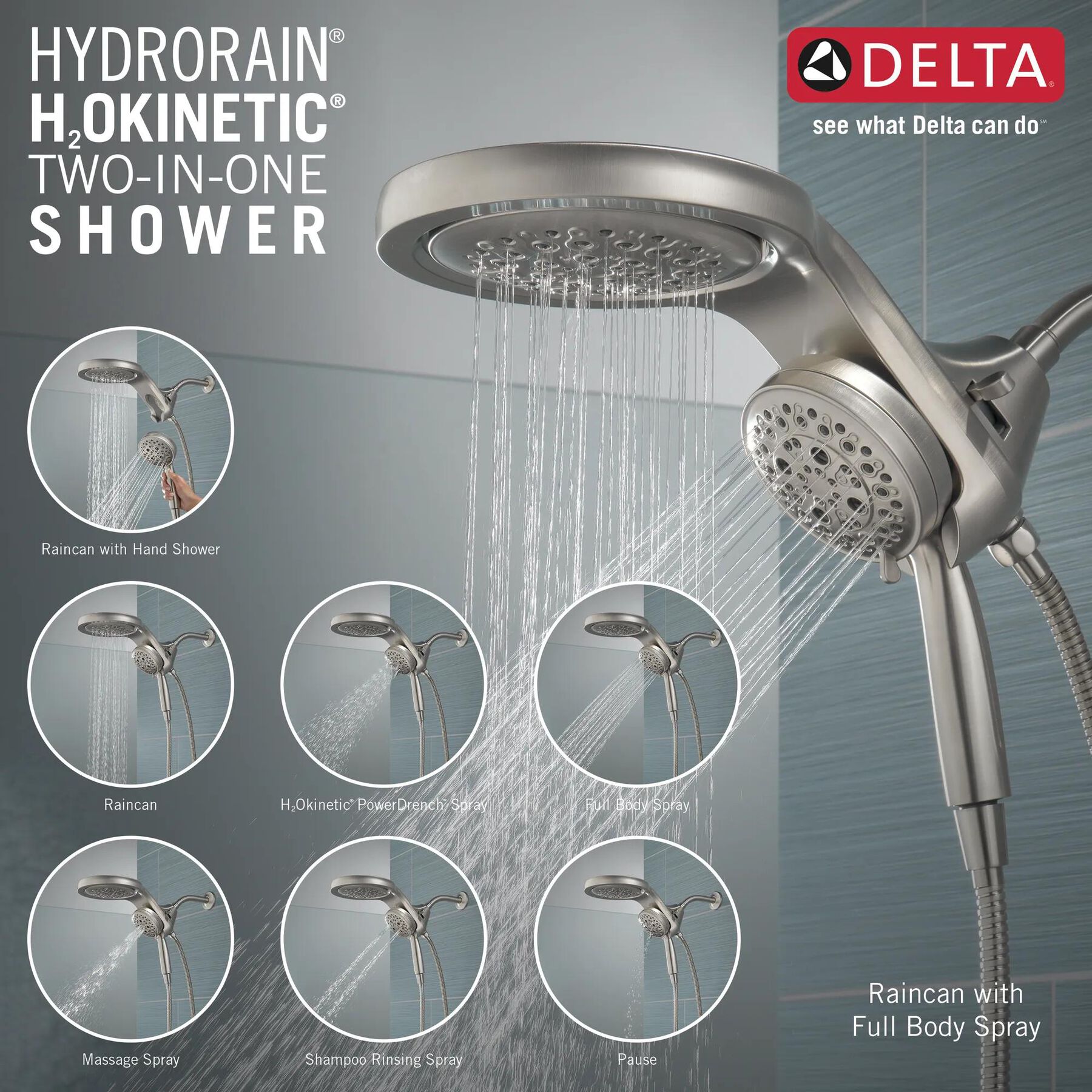HydroRain&reg; H<sub>2</sub>Okinetic&reg; 5-Setting Two-in-One Shower Head