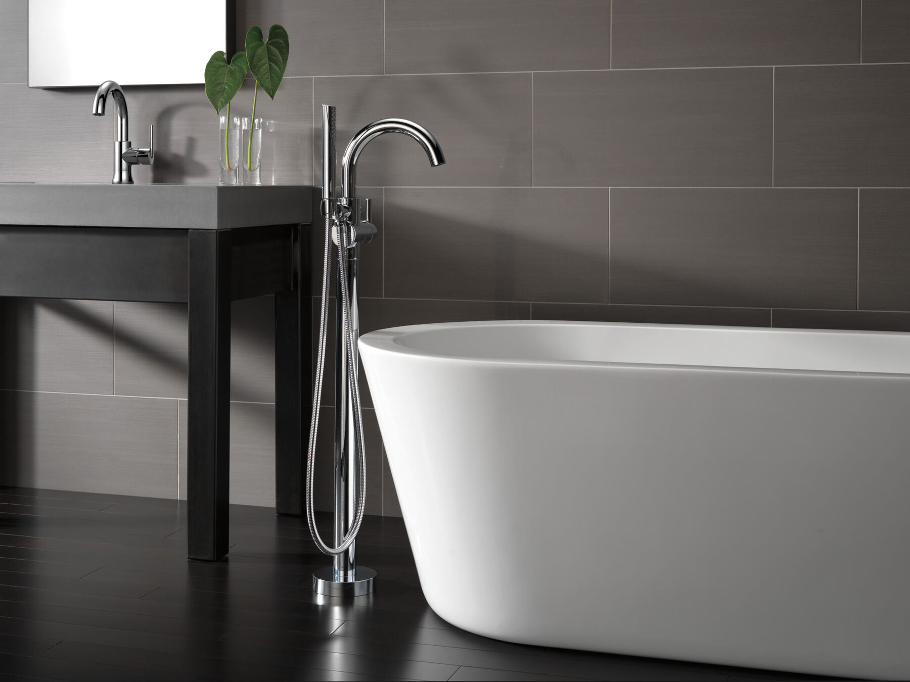Single Handle Floor Mount Tub Filler Trim with Hand Shower