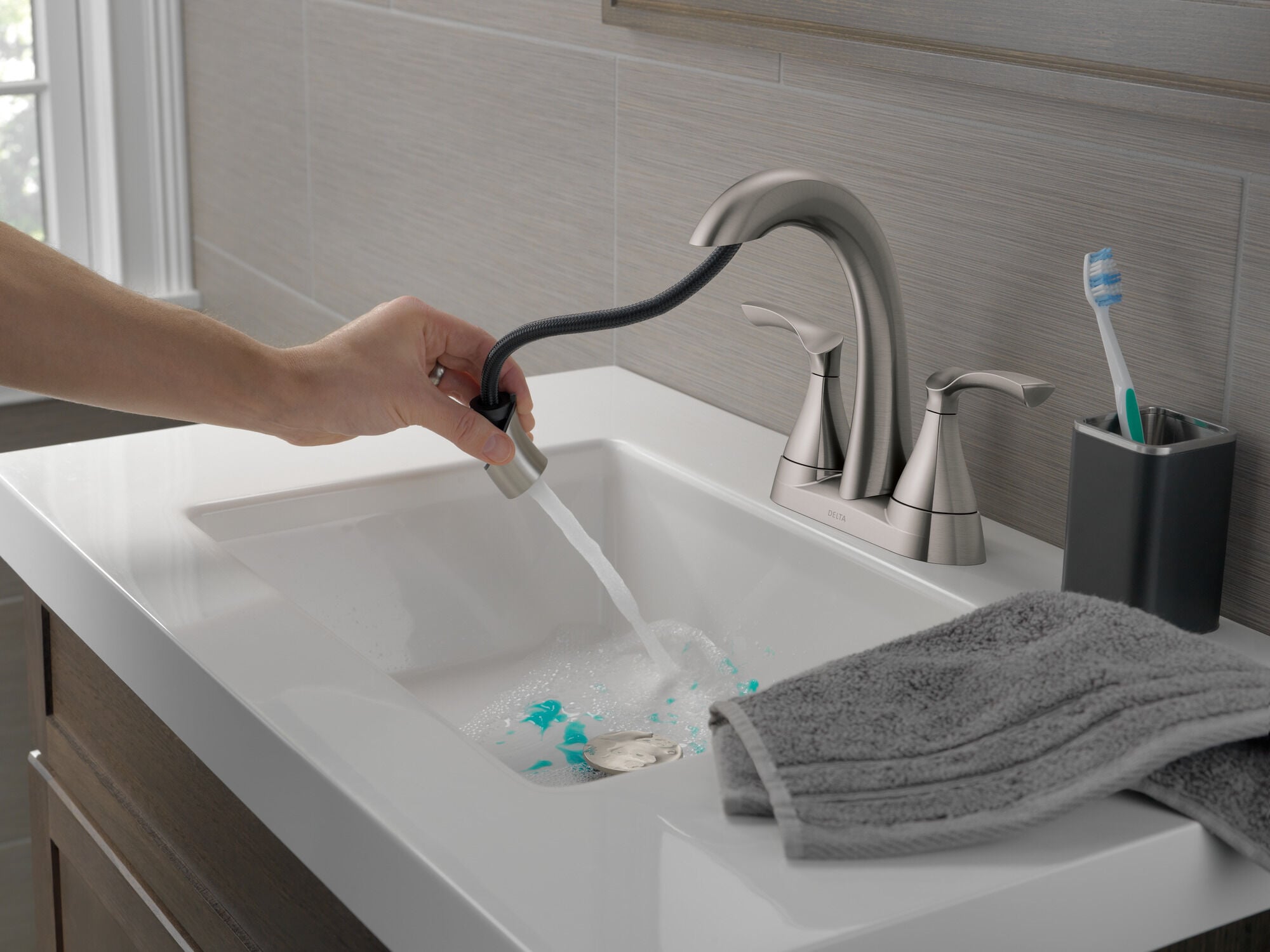 Two Handle Centerset Pull-Down Bathroom Faucet in Spotshield