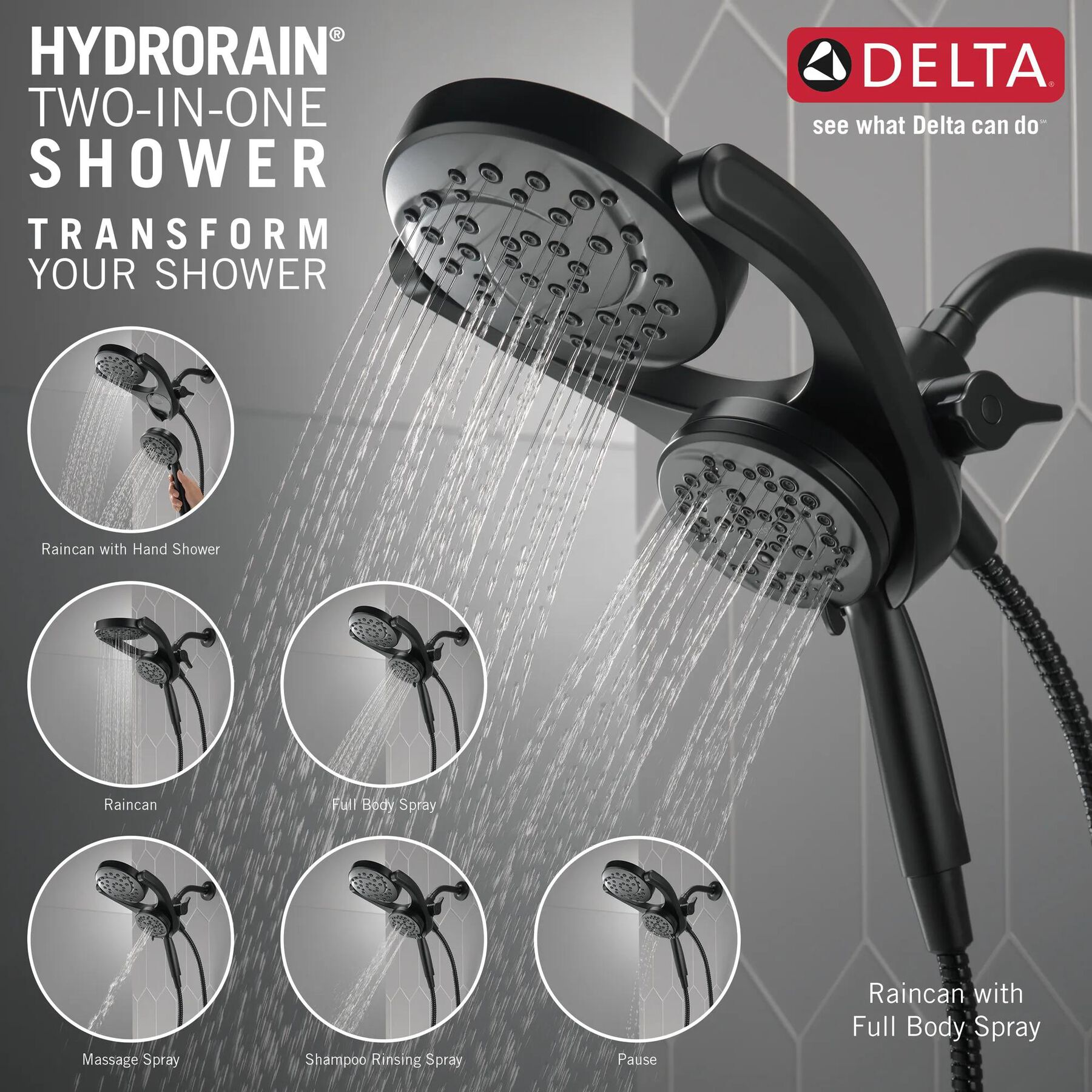 HydroRain&reg; 4-Setting Two-in-One Shower Head (Recertified)