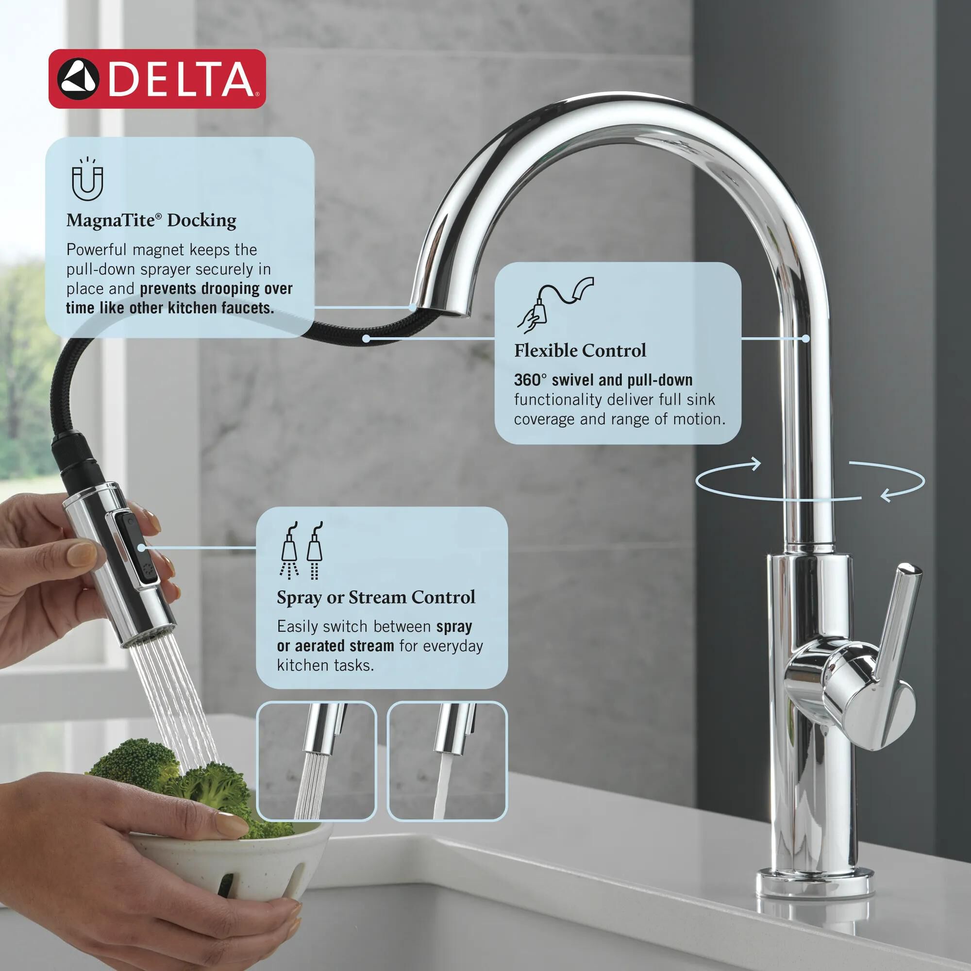 Single Handle Pull-Down Kitchen Faucet in Chrome 19867LF | Delta