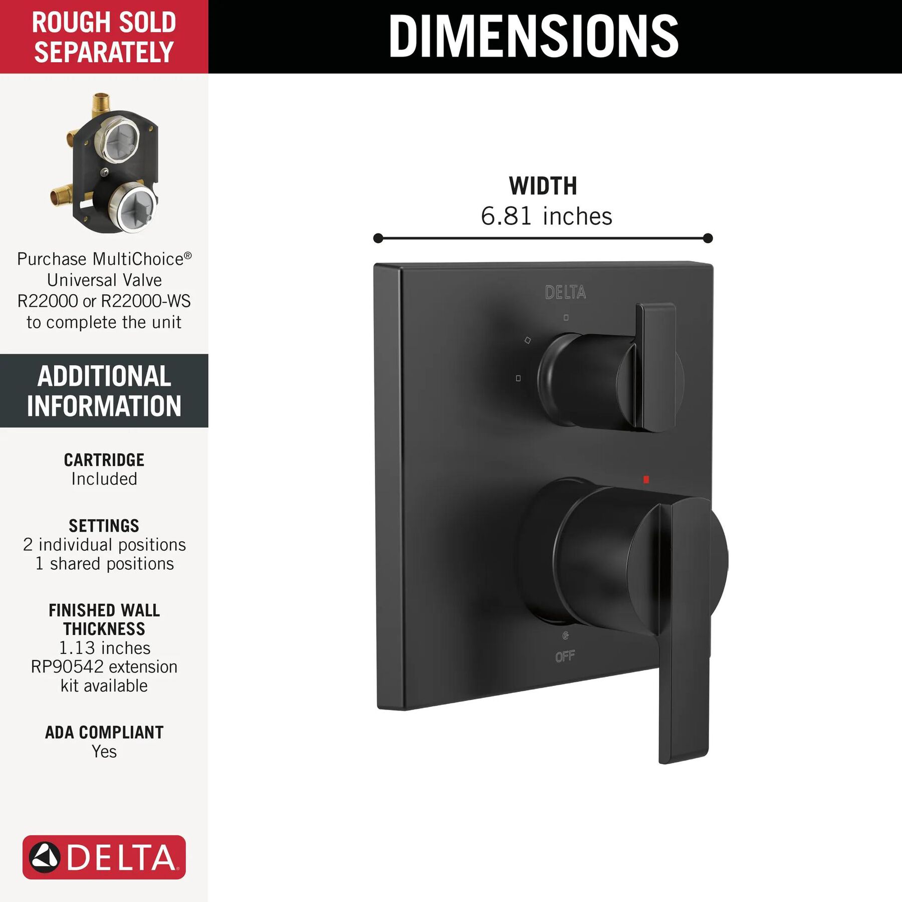 Angular Modern Monitor&reg; 14 Series Valve Trim with 3-Setting Integrated Diverter