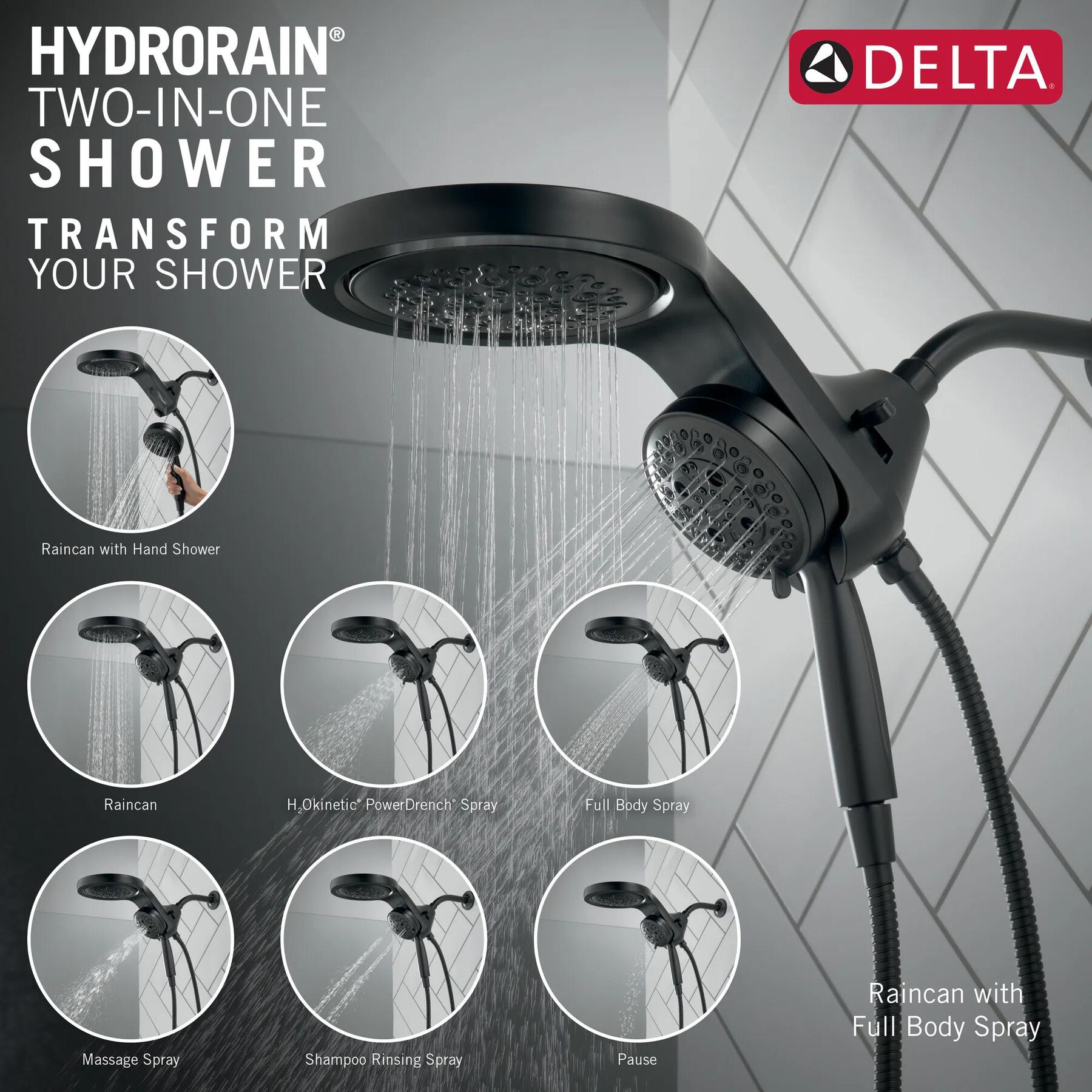HydroRain&reg; H<sub>2</sub>Okinetic&reg; 5-Setting Two-in-One Shower Head