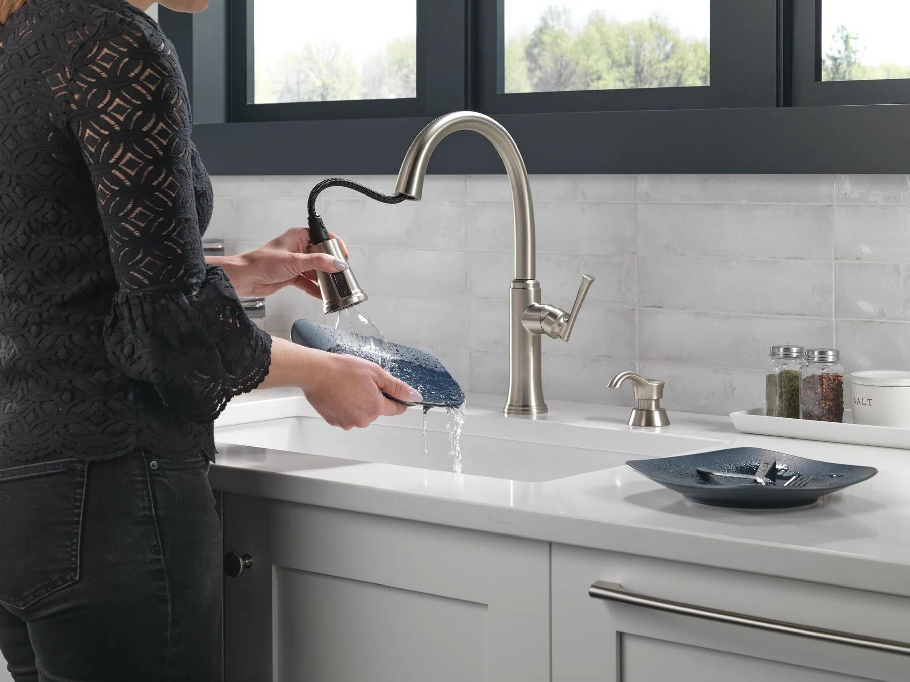 Single Handle Pull-Down Kitchen Faucet with Soap Dispenser and ShieldSpray Technology