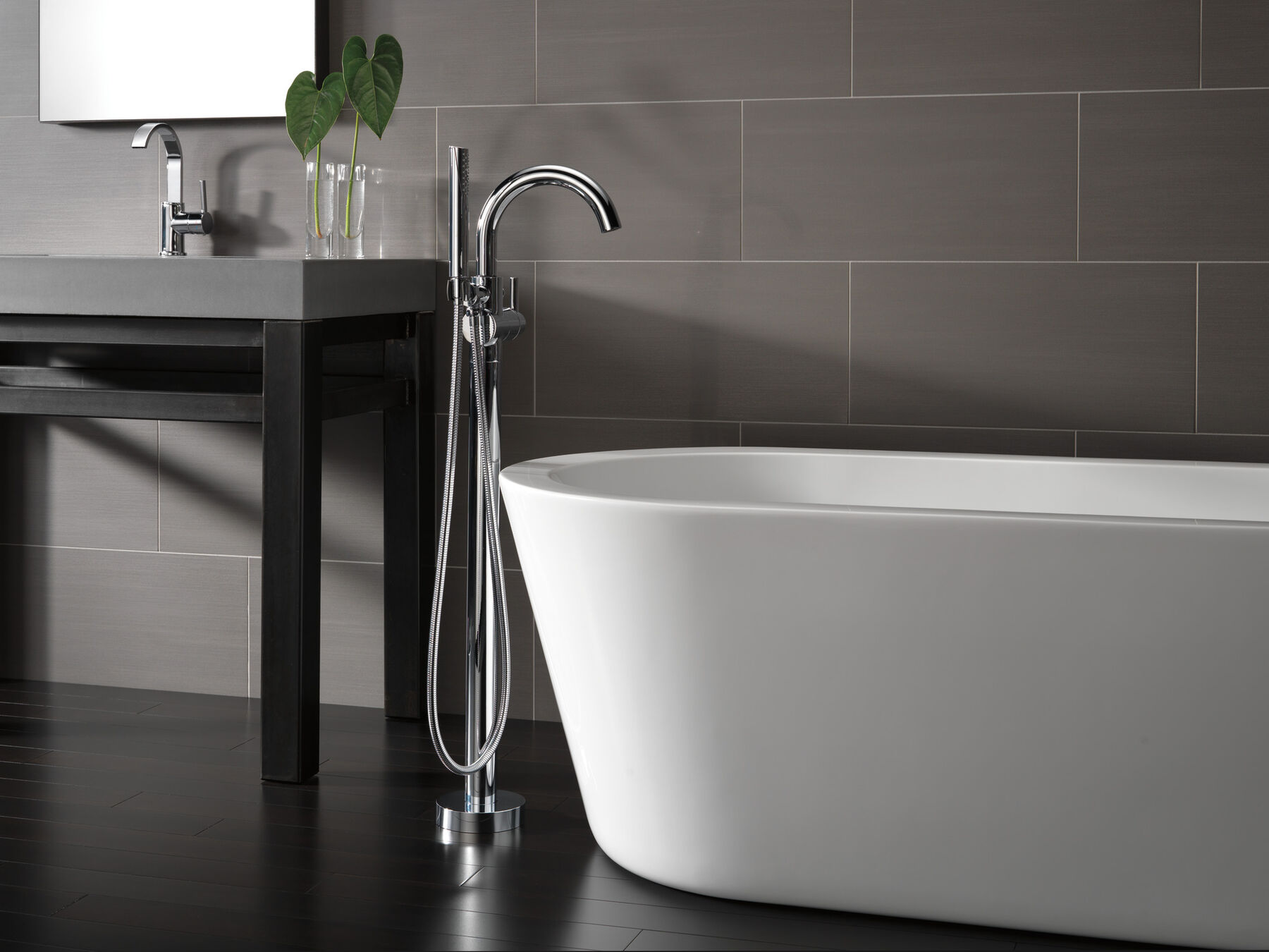 Single Handle Floor Mount Tub Filler Trim with Hand Shower