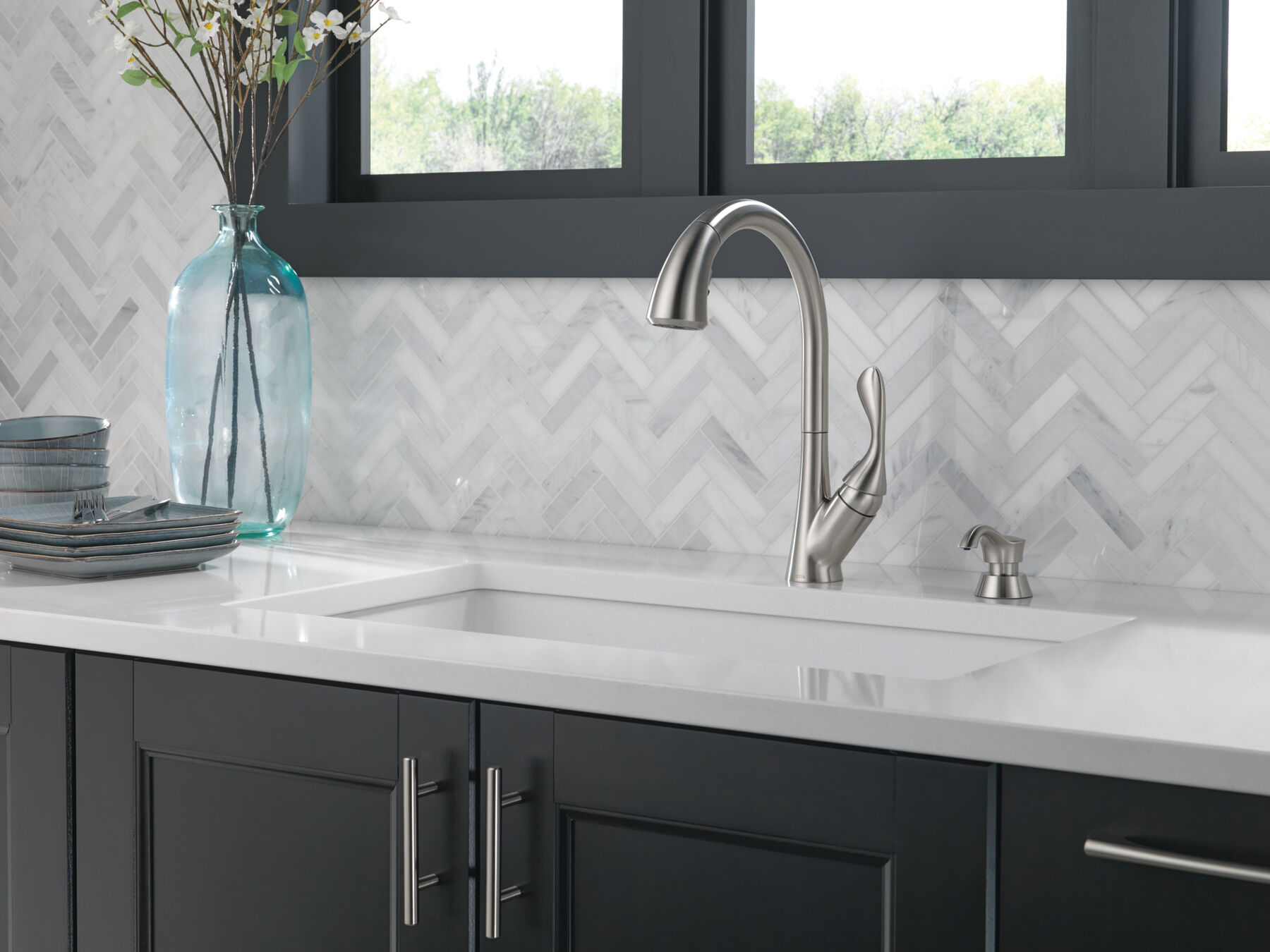 Single Handle Pull-Down Kitchen Faucet with Soap Dispenser and ShieldSpray&reg; Technology