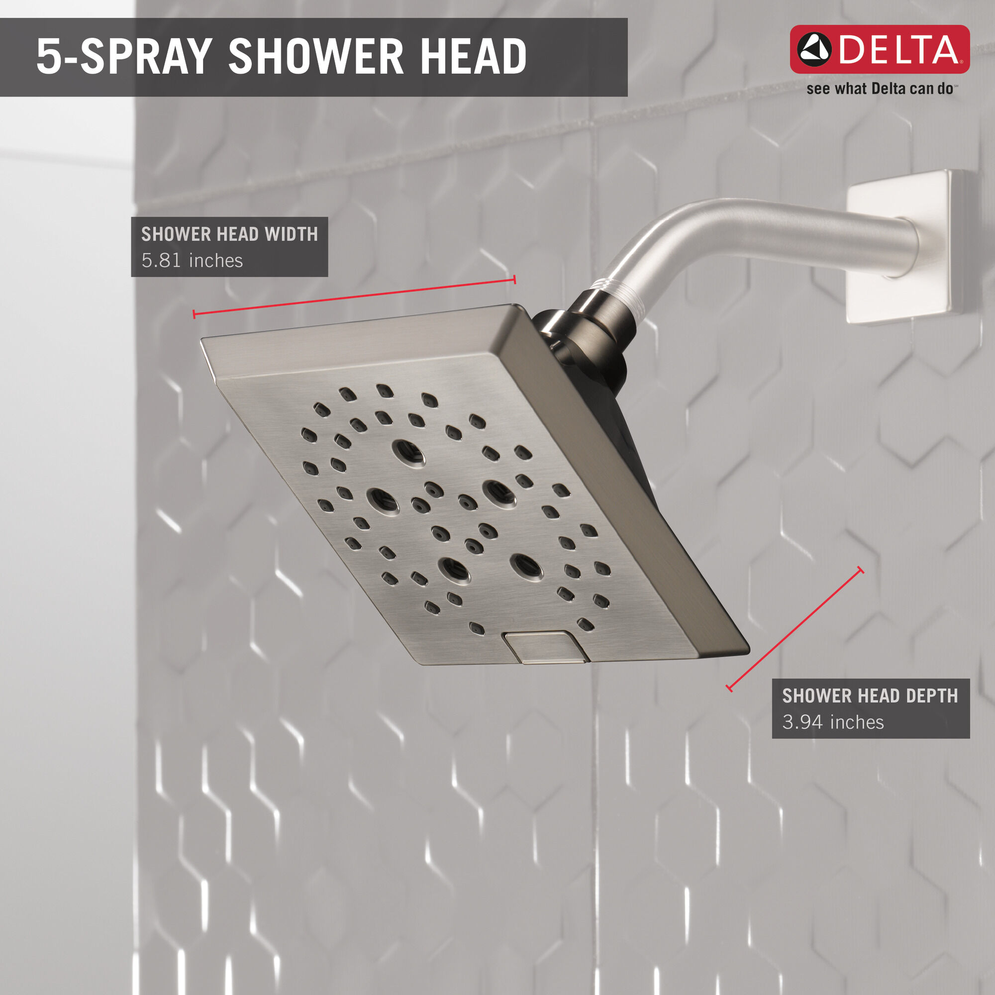 H2Okinetic® 5-Setting Angular Modern Raincan Shower Head in