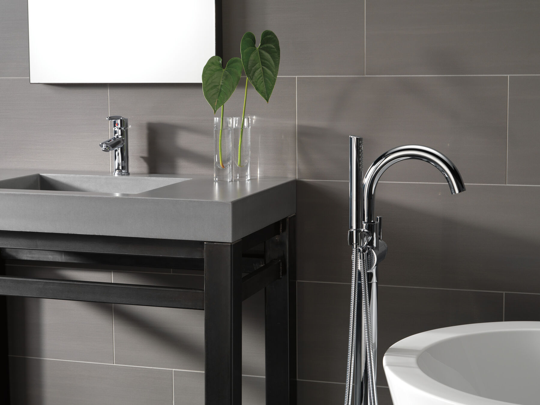 Single Handle Floor Mount Tub Filler Trim with Hand Shower